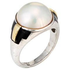 Vintage 70s Cartier Ring 6.5 Sterling Silver 18k Gold Mabe Pearl Signed Jewelry