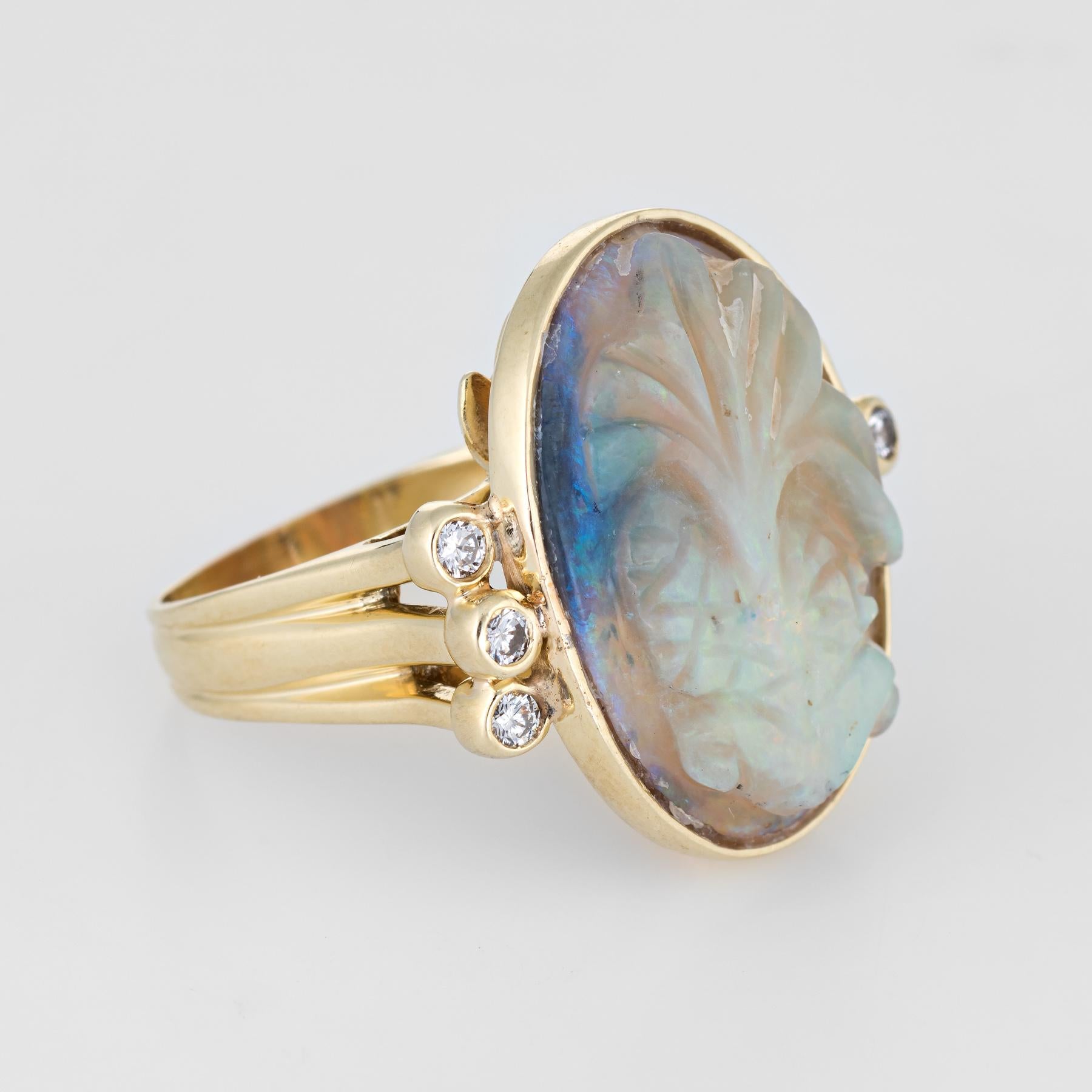 Modern Vintage 1970s Carved Opal Ring Palm Tree Diamond 14 Karat Gold Cocktail Jewelry