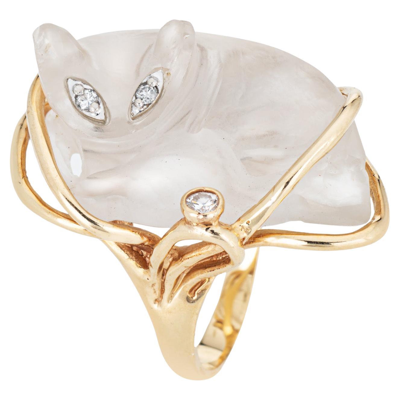 Vintage 70s Cat Ring Rock Crystal Diamond Eyes 14k Yellow Gold Animal Jewelry