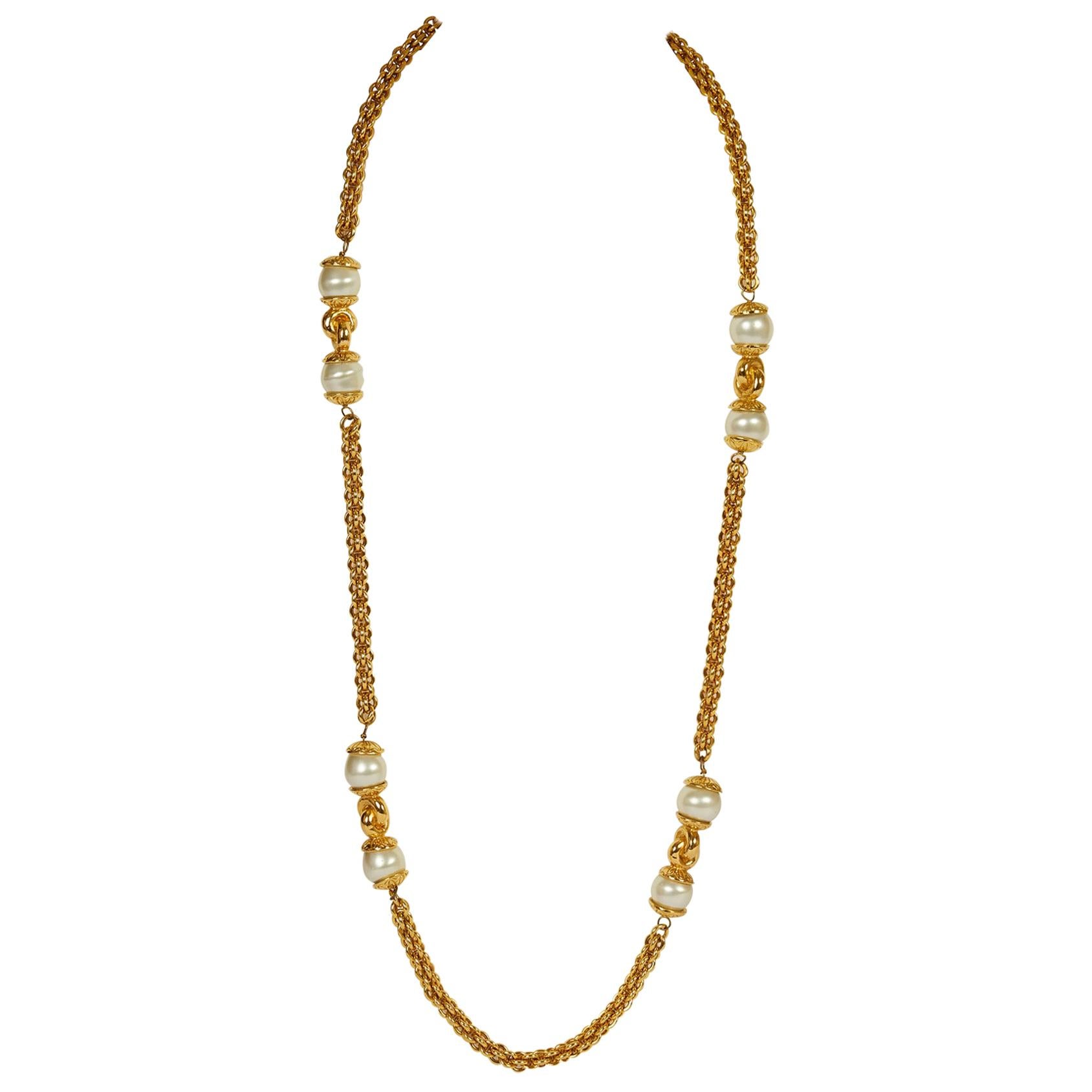 Vintage 70's Chanel Gold & Pearls Sautoir Necklace