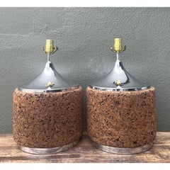 Vintage 70s Chrome and Cork Lamps - A Pair