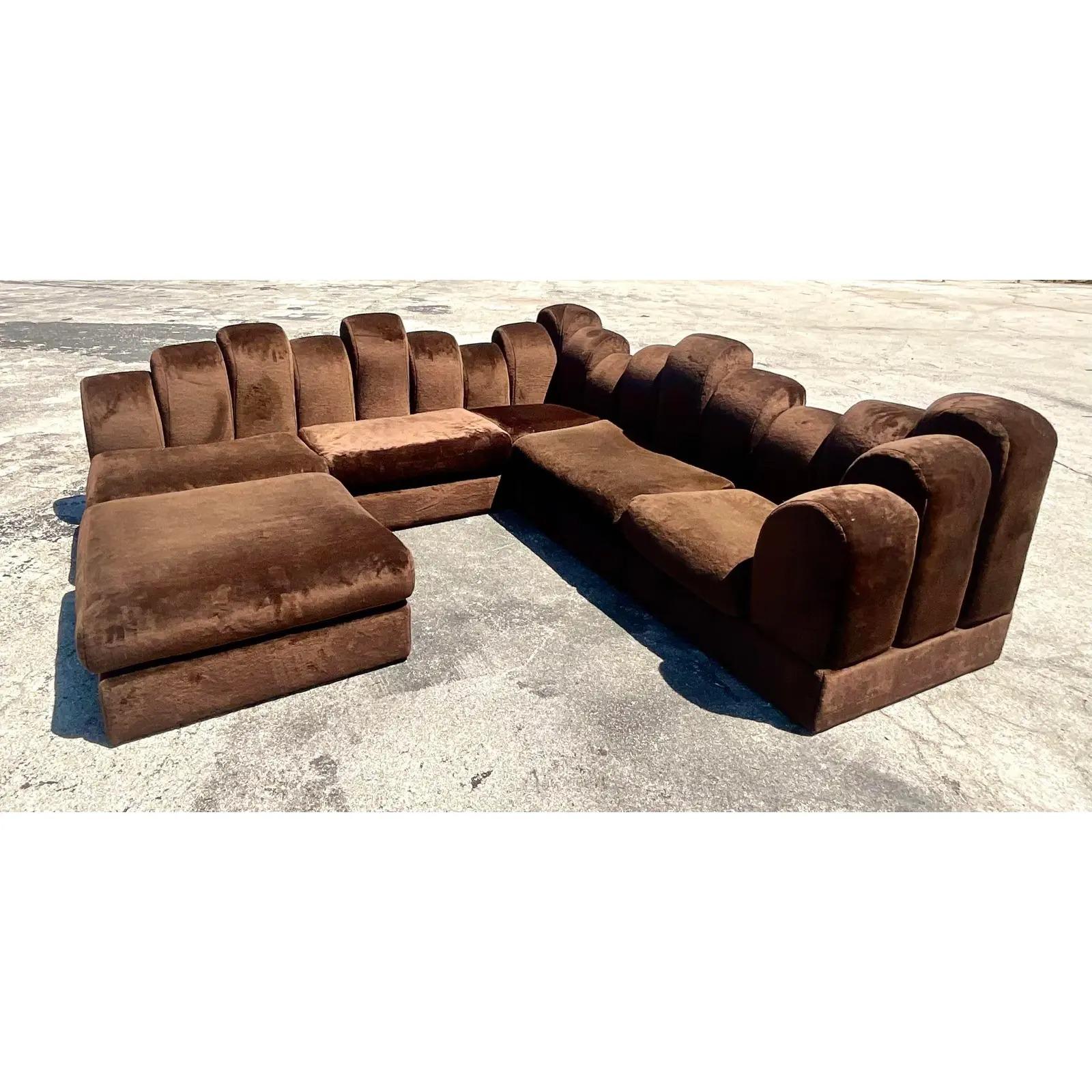 Incredible vintage 70s sectional sofa. Made by the iconic Comfort Designs groups. Beautiful chocolate brown velvet in the legendary Skyscraper design. Acquired from a New Orleans estate. While the fabric is in great shape, I would recommend a nice