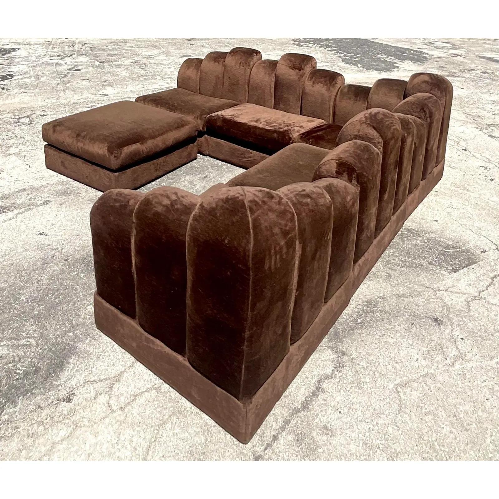 Vintage 70s Comfort Designs Skyscraper Velvet Sectional Sofa In Good Condition In west palm beach, FL