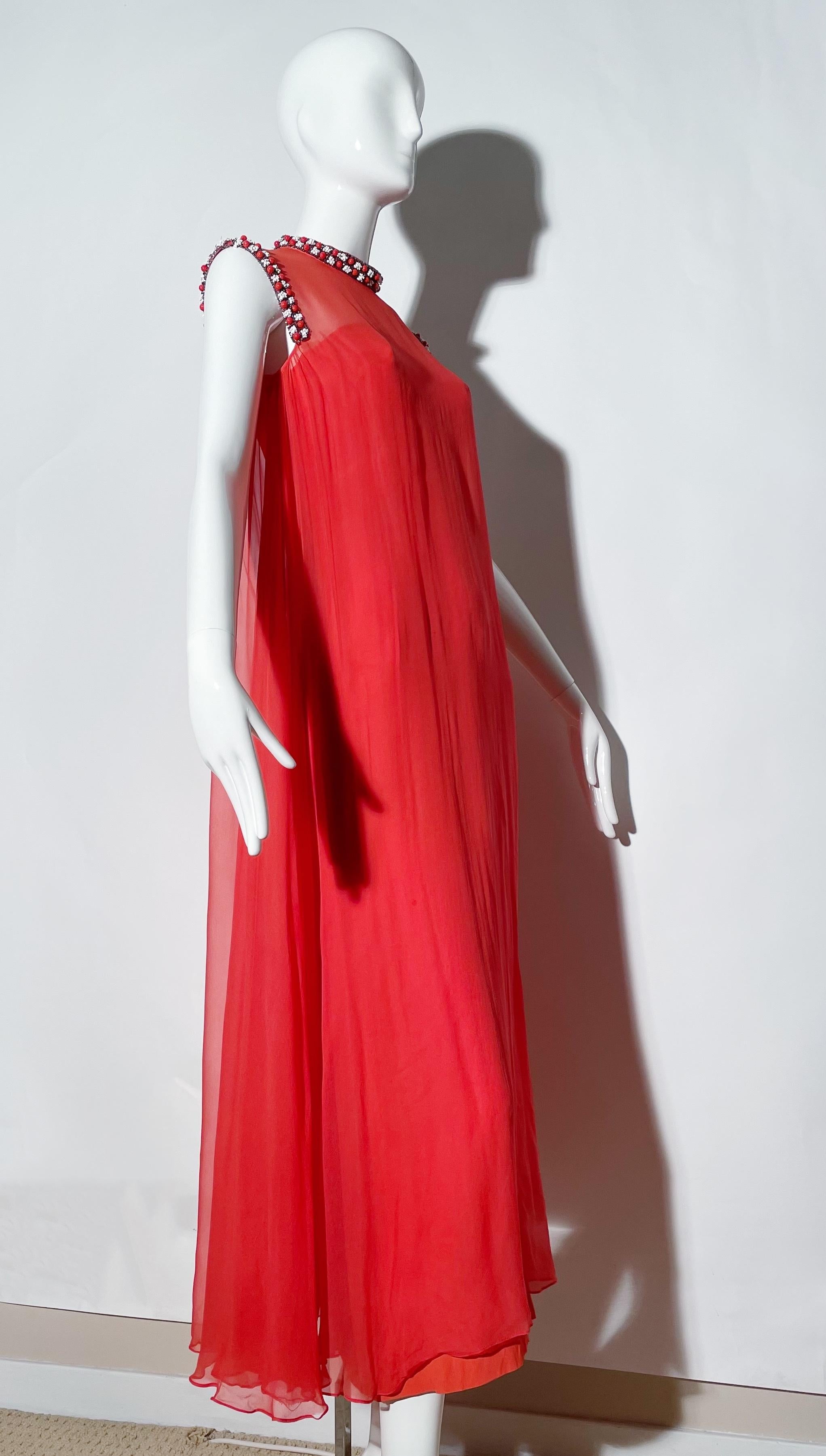 Red Vintage 70s Coral Beaded Gown For Sale