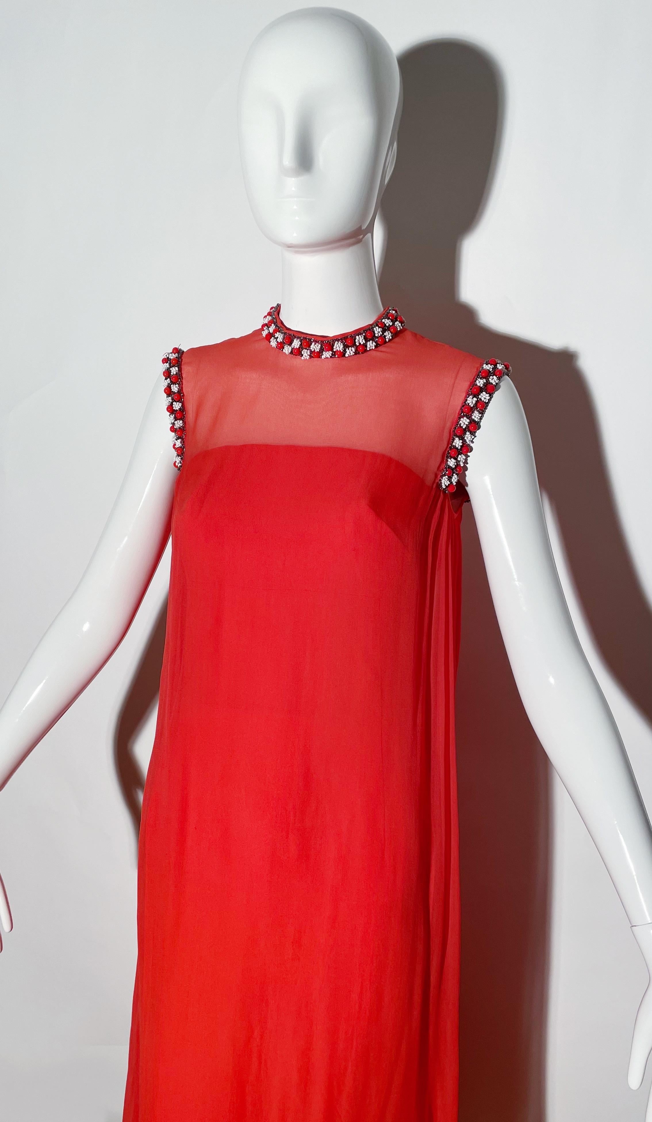 Vintage 70s Coral Beaded Gown In Good Condition For Sale In Los Angeles, CA