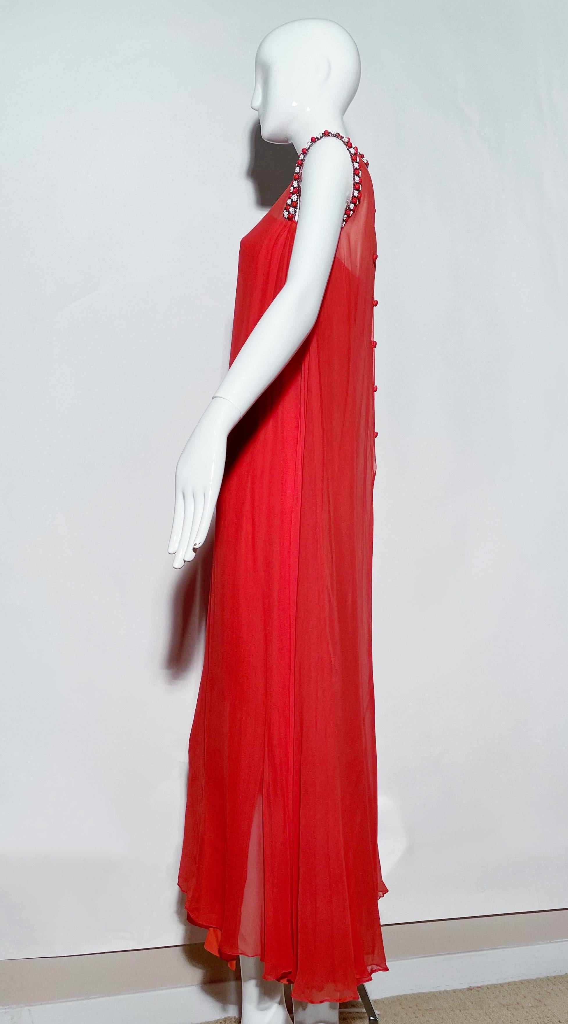 Vintage 70s Coral Beaded Gown For Sale 1