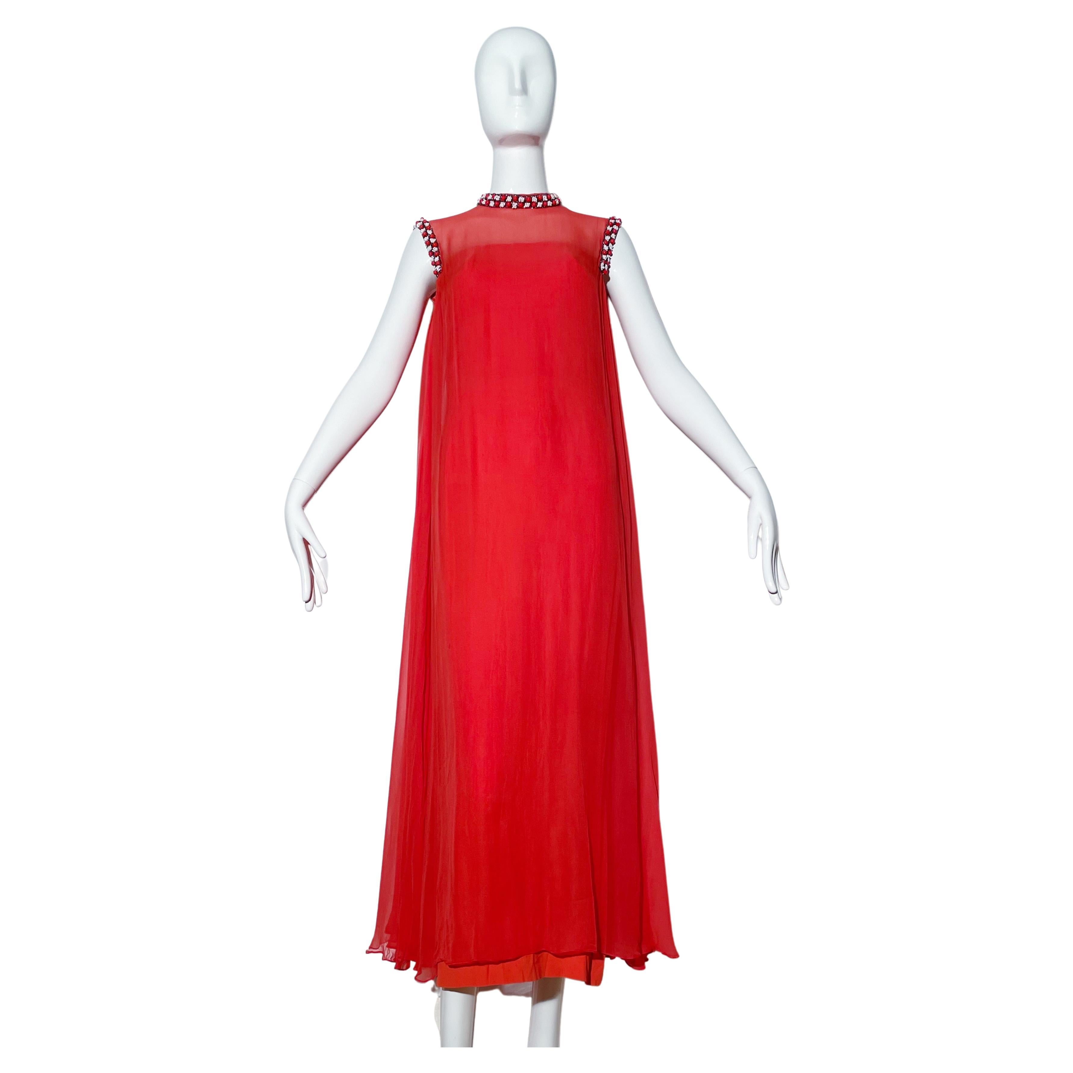 Vintage 70s Coral Beaded Gown For Sale