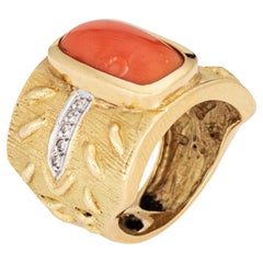 Vintage 70s Coral Diamond Cigar Ring 18k Yellow Gold Sz 6.5 Estate Jewelry