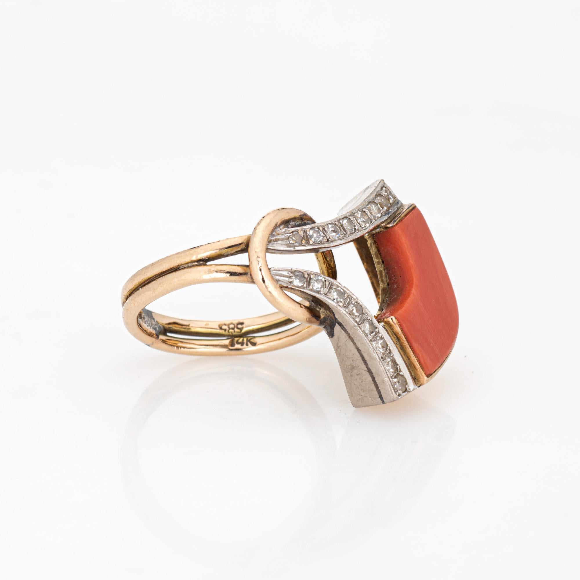 Modern Vintage 70s Coral Diamond Ring Abstract 14k Yellow Gold Sz 4.75 Estate Jewelry For Sale