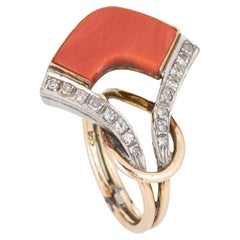 Vintage 70er Jahre Koralle Diamant Ring Abstrakt 14k Gelbgold Sz 4,75 Estate Jewelry