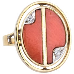 Vintage 1970s Coral Diamond Ring Oval Cocktail Inlaid 14 Karat Gold Jewelry