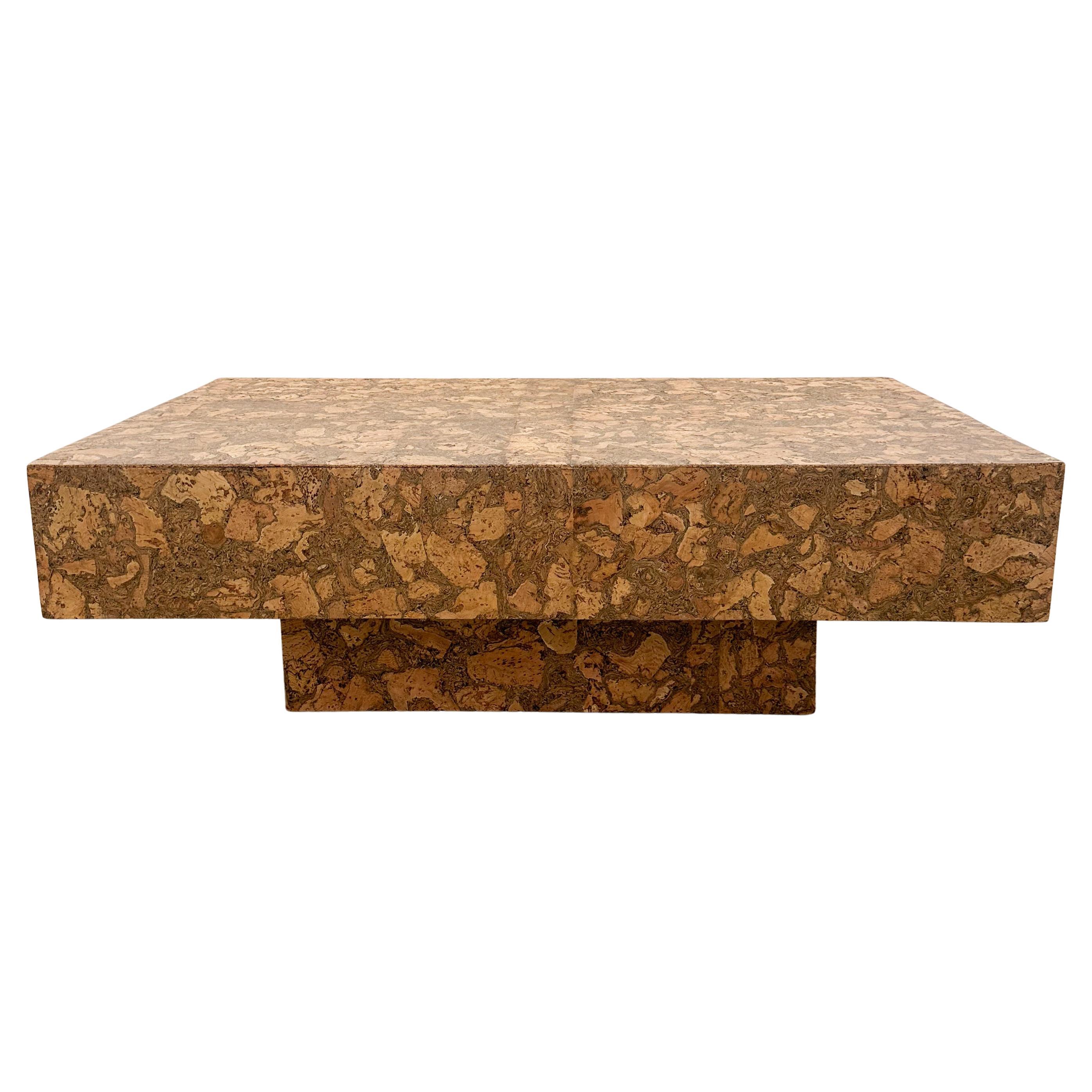 Table basse rectangulaire vintage à piédestal en liège MCM rétro postmoderne des années 70