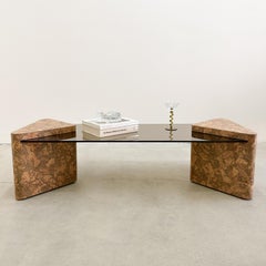Vintage 70s Cork Triangle With Bronze Glass Rectangle Coffee Table Burlwood MCM