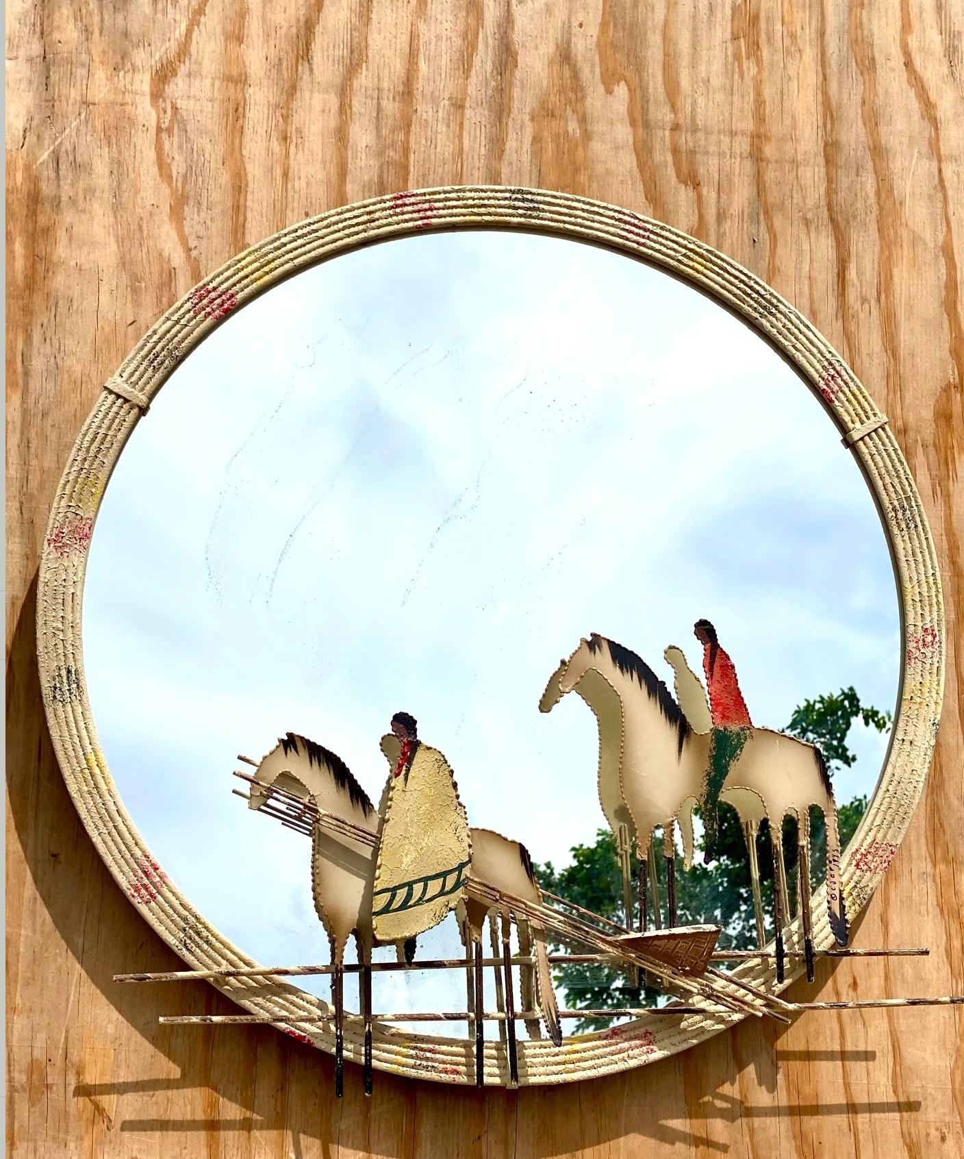 Incredible vintage Curtis Jere mirror. Signed and dated 1975. Beautiful torch cut composition of Native American horseback riders. Acquired from a Palm Beach estate.