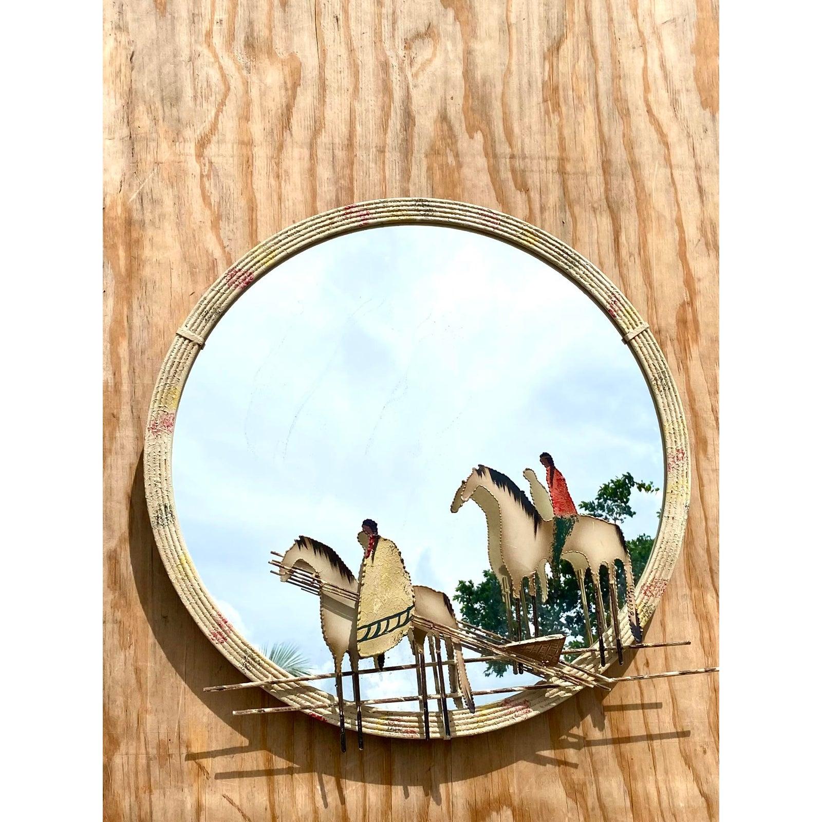 Incredible vintage Curtis Jere mirror. Signed and dated 1975. Beautiful torch cut composition of Native American horseback riders. Acquired from a Palm Beach estate.