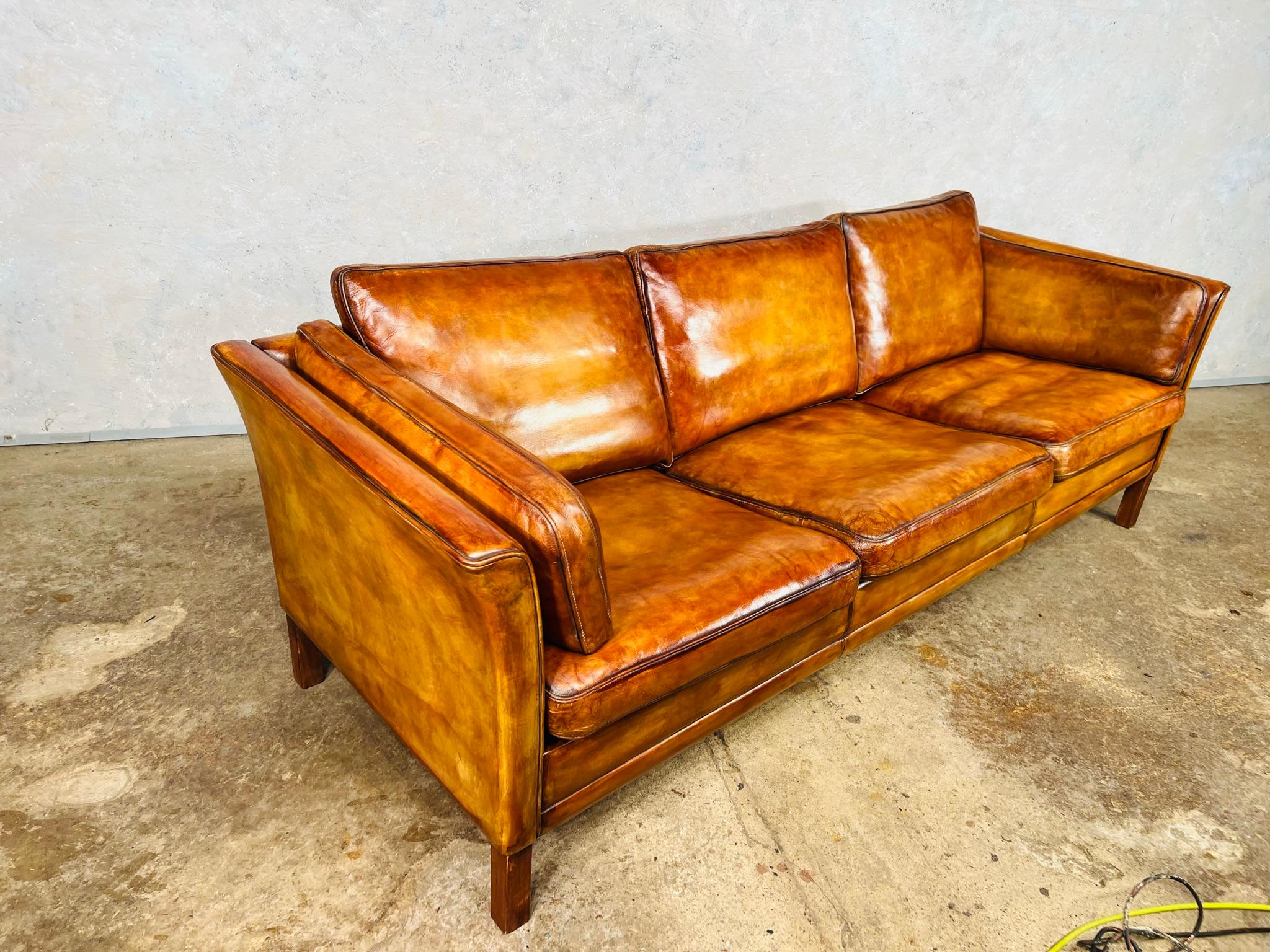 Vintage 70s Danish Mogens Hansen Patinated Light Tan 3 Seater Leather Sofa #692 For Sale 5