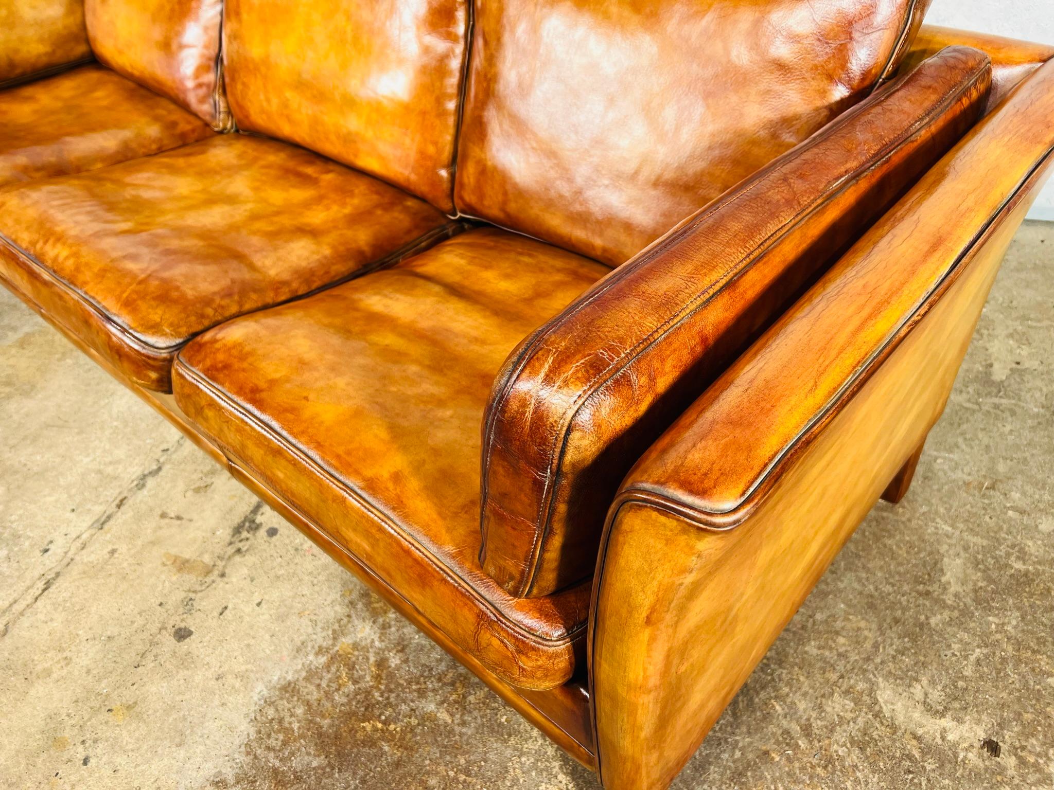 Vintage 70s Danish Mogens Hansen Patinated Light Tan 3 Seater Leather Sofa #692 For Sale 1