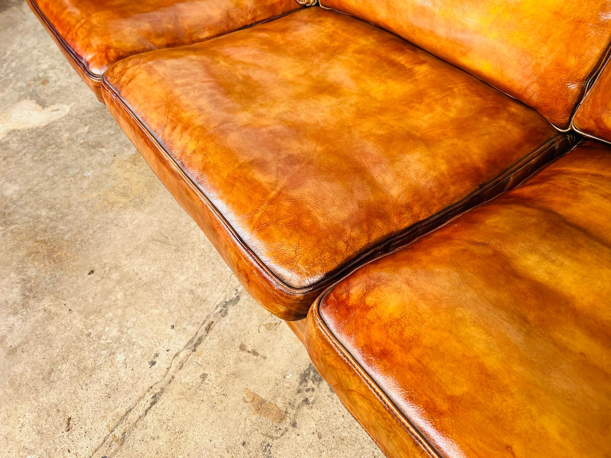 Vintage 70s Danish Mogens Hansen Patinated Light Tan 3 Seater Leather Sofa #692 For Sale 2