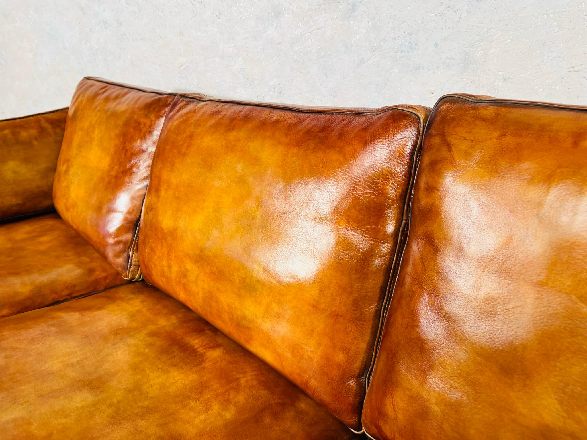 Vintage 70s Danish Mogens Hansen Patinated Light Tan 3 Seater Leather Sofa #692 For Sale 3