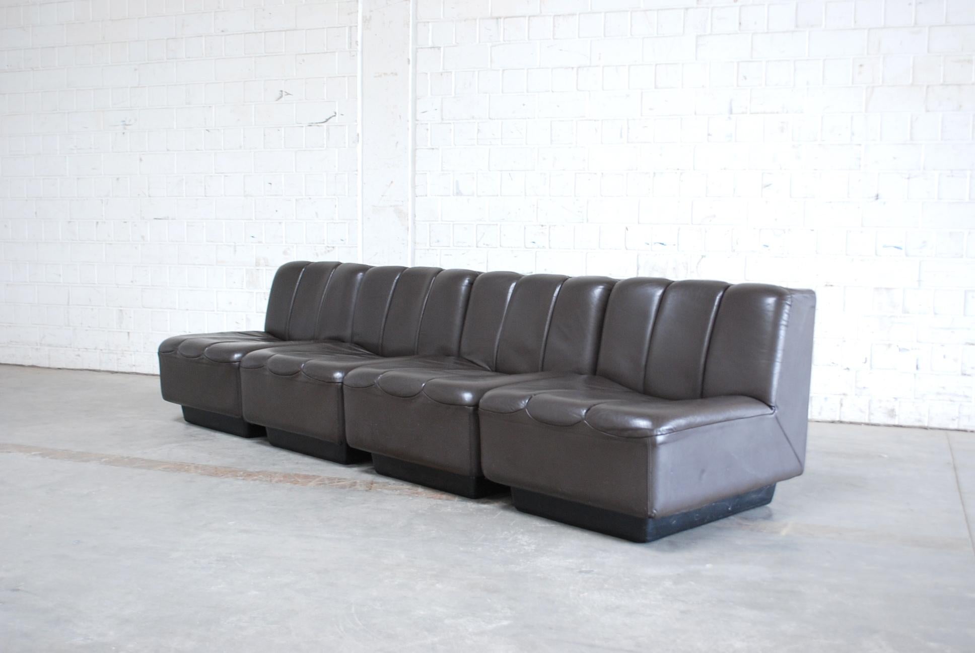 Mid-Century Modern Vintage 1970s Design German Modul Brown Leather Sofa