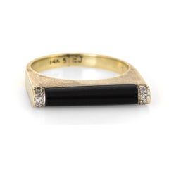 1970s Diamond Bar Ring Black Onyx 14 Karat Yellow Gold Square Stacking Band