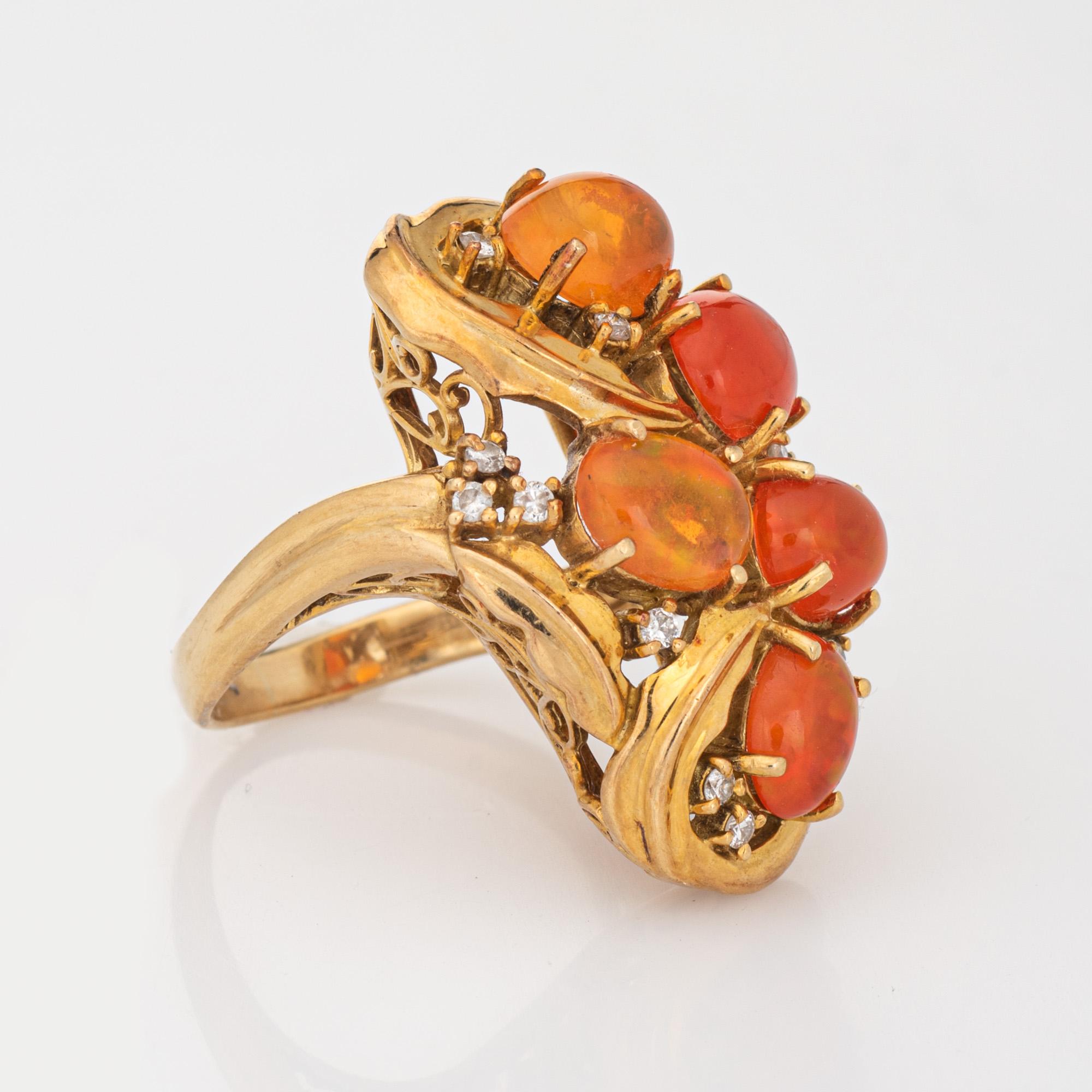 Modern Vintage 70s Fire Opal Diamond Ring 18k Yellow Gold Cluster Cocktail Jewelry 6.5