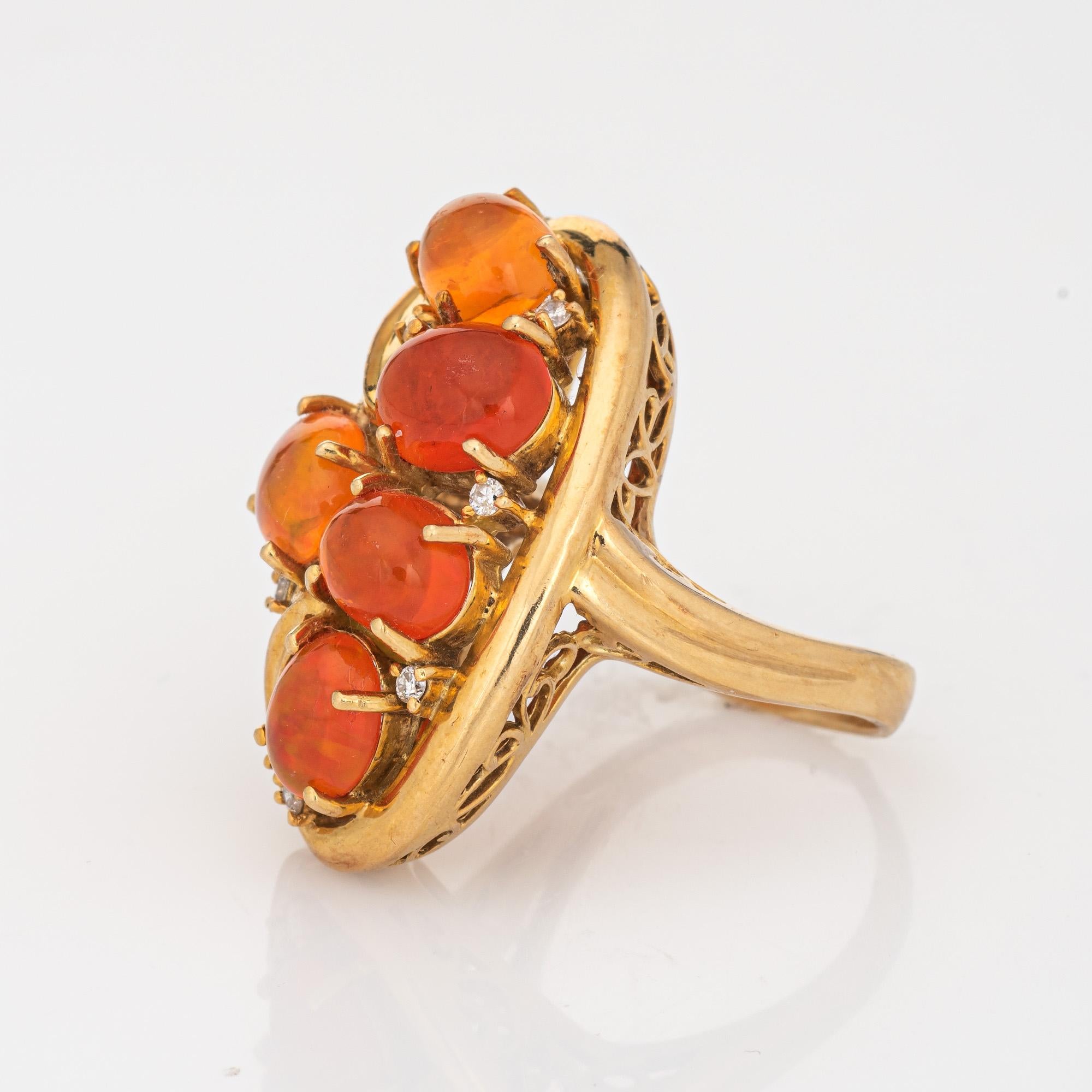 Cabochon Vintage 70s Fire Opal Diamond Ring 18k Yellow Gold Cluster Cocktail Jewelry 6.5
