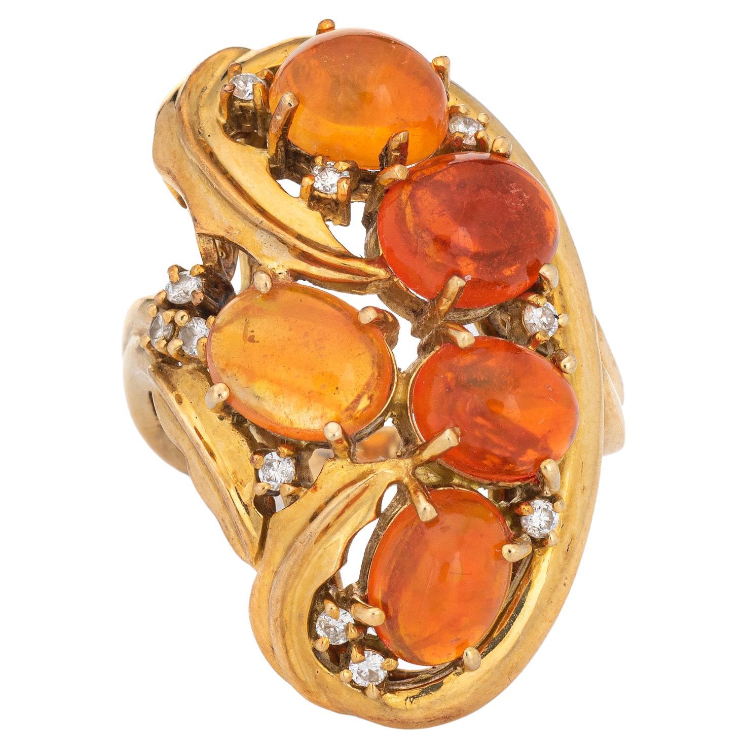 Vintage 70s Fire Opal Diamond Ring 18k Yellow Gold Cluster Cocktail Jewelry 6.5