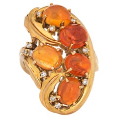 Retro 70s Fire Opal Diamond Ring 18k Yellow Gold Cluster Cocktail Jewelry 6.5