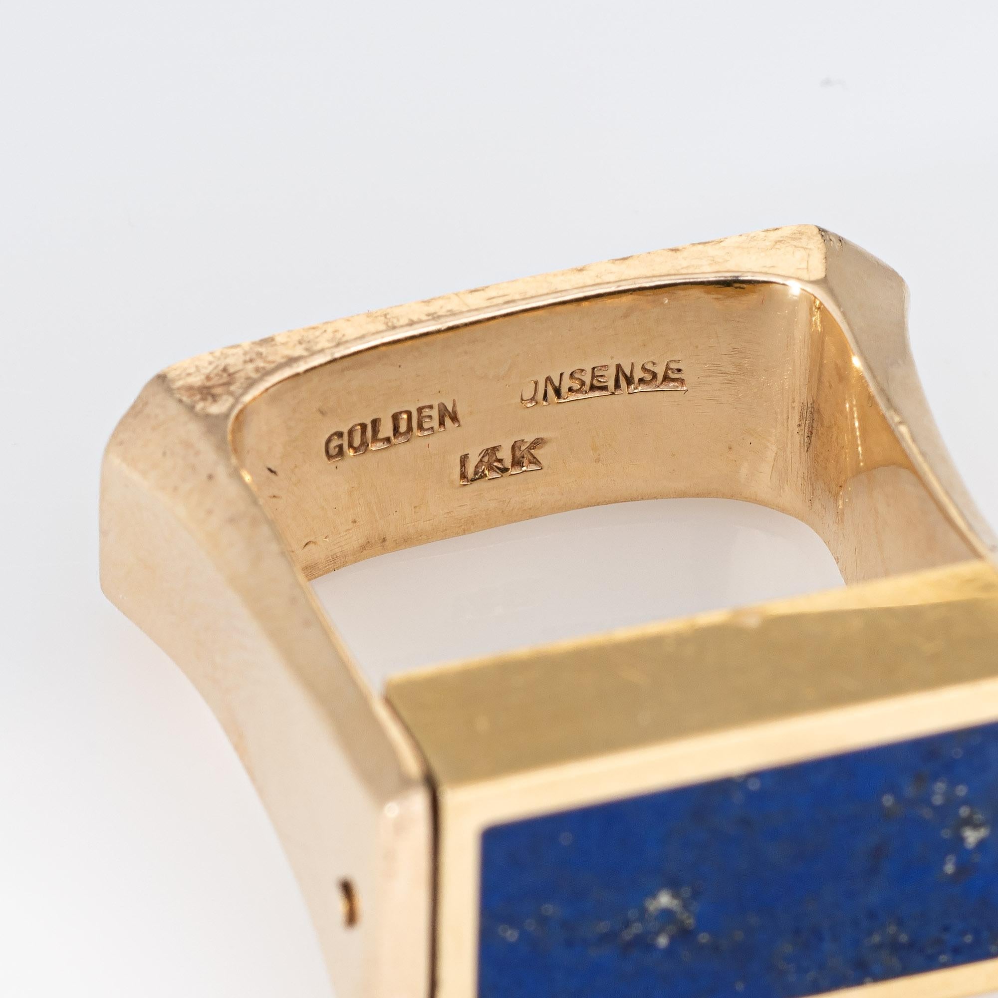 Vintage 70s Flip Ring Jade Lapis Lazuli 14k Yellow Gold Square Band For Sale 1
