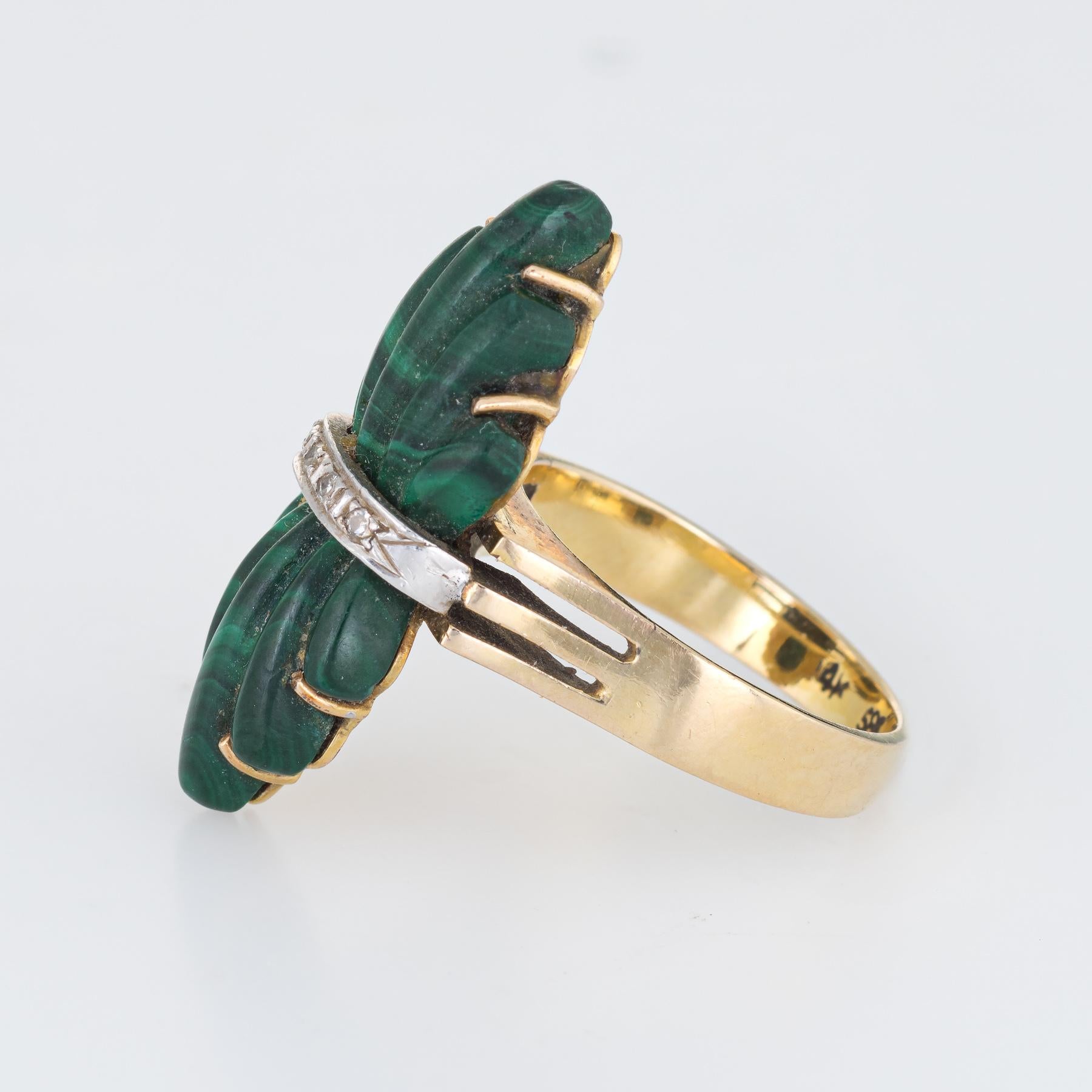 Modern Vintage 1970s Fluted Malachite Diamond Ring 14 Karat Gold Estate Fine Jewelry