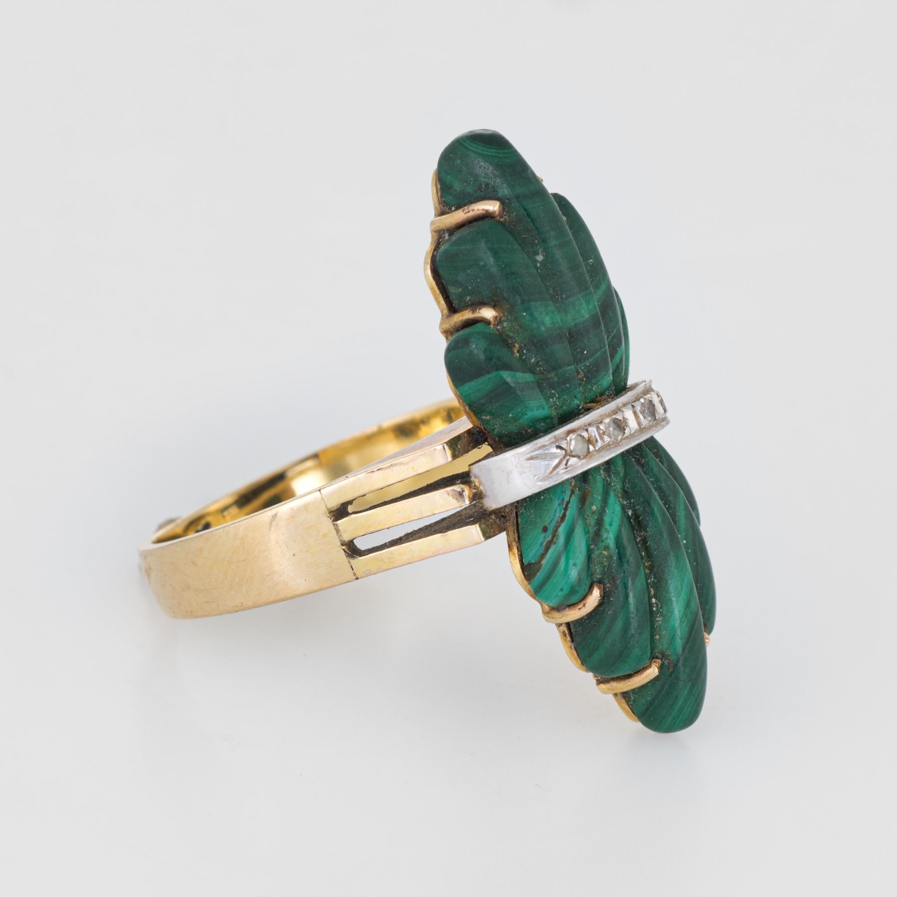 Cabochon Vintage 1970s Fluted Malachite Diamond Ring 14 Karat Gold Estate Fine Jewelry