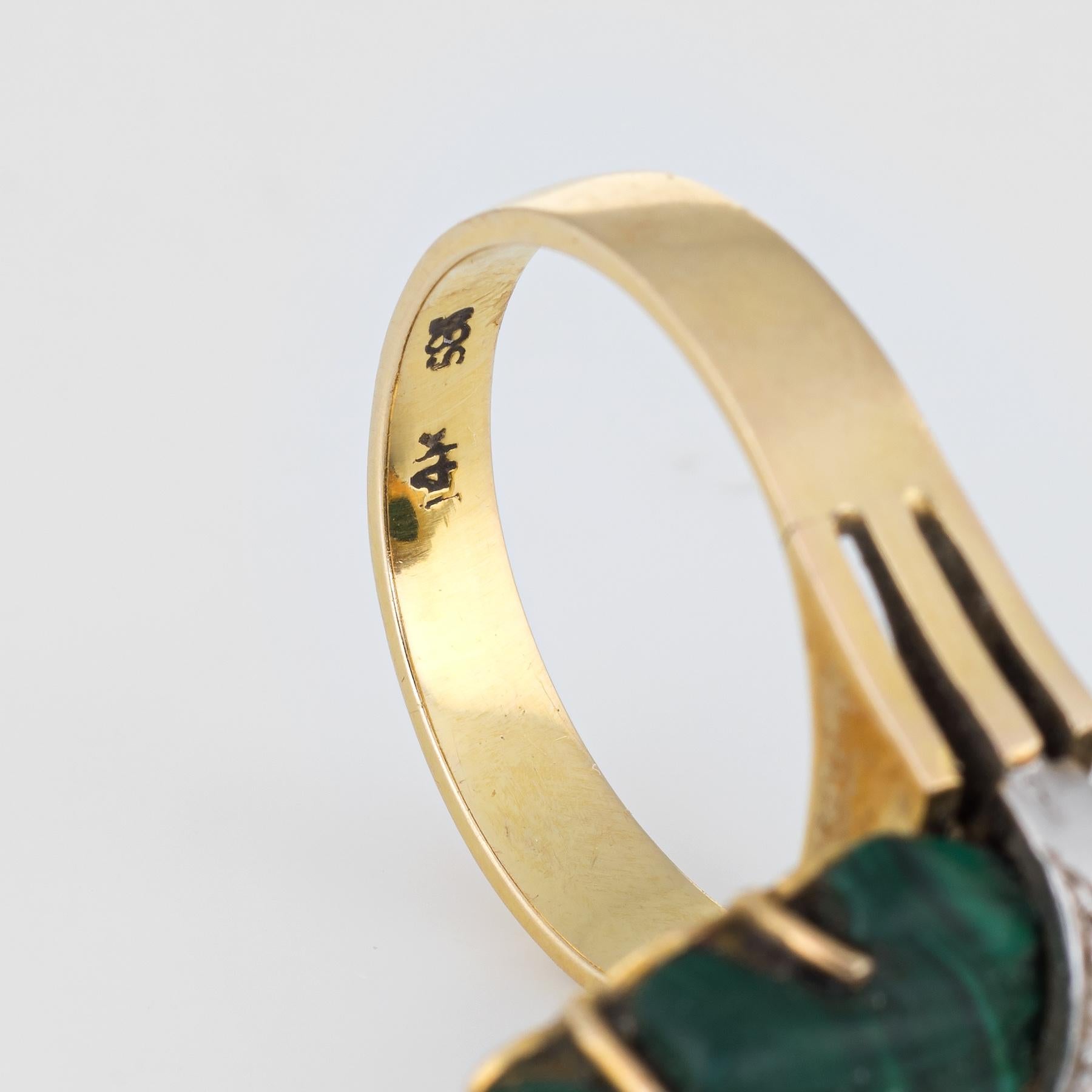 Women's Vintage 1970s Fluted Malachite Diamond Ring 14 Karat Gold Estate Fine Jewelry