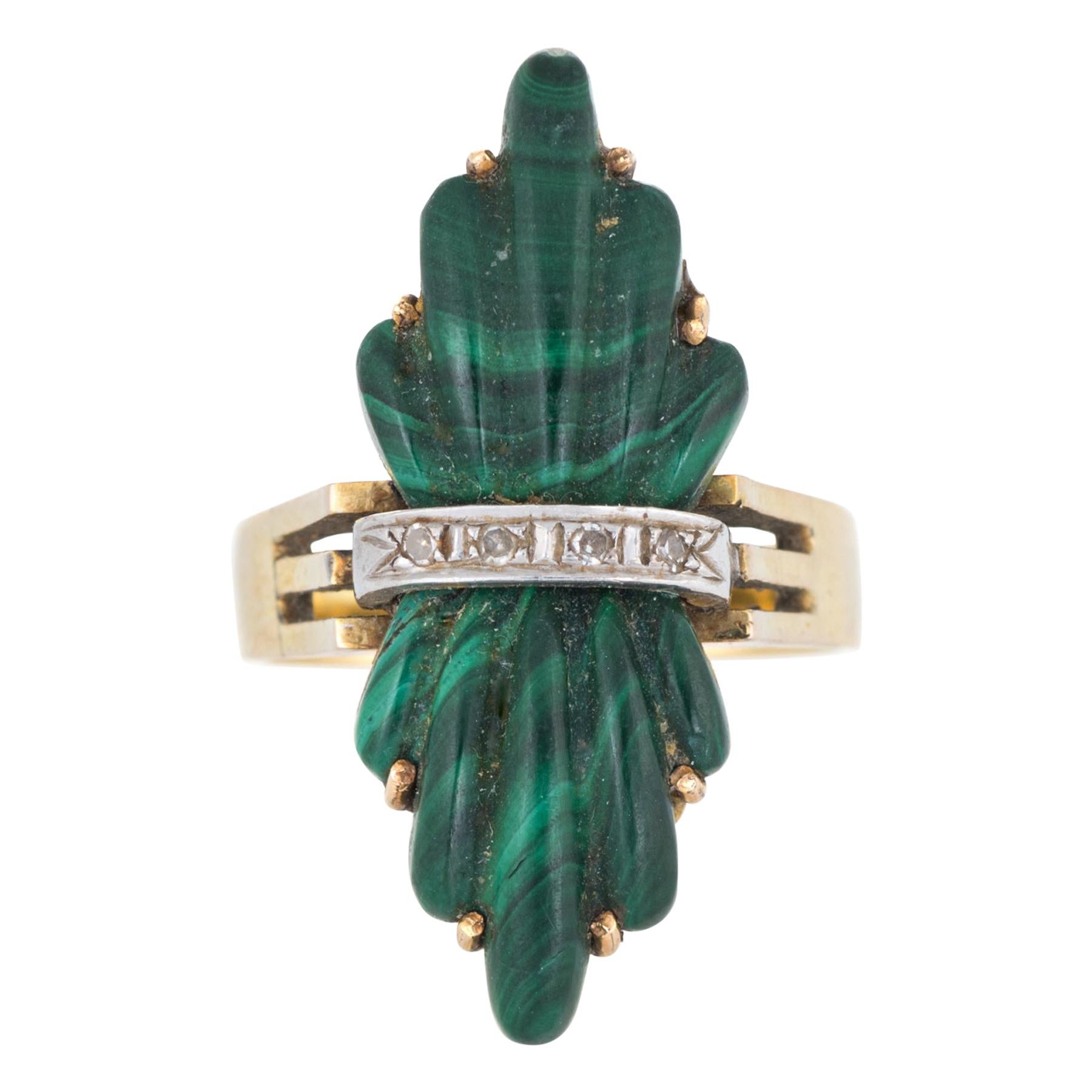 Vintage 1970s Fluted Malachite Diamond Ring 14 Karat Gold Estate Fine Jewelry