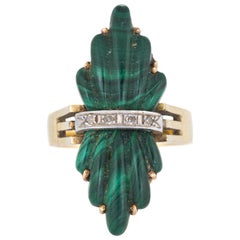 Vintage 1970s Fluted Malachite Diamond Ring 14 Karat Gold Estate Fine Jewelry
