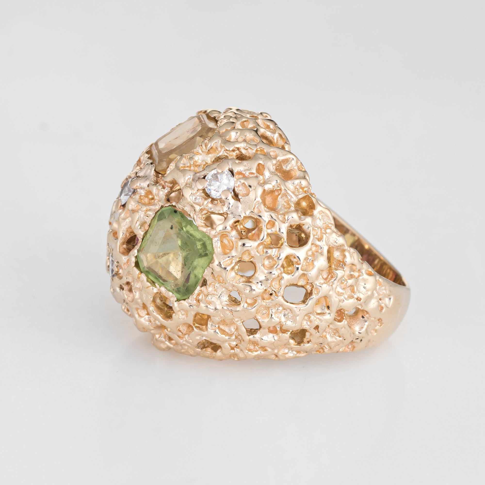 Vintage 1970s Gemstone Dome Ring 14 Karat Gold Bombe Diamond Peridot Tourmaline In Good Condition In Torrance, CA