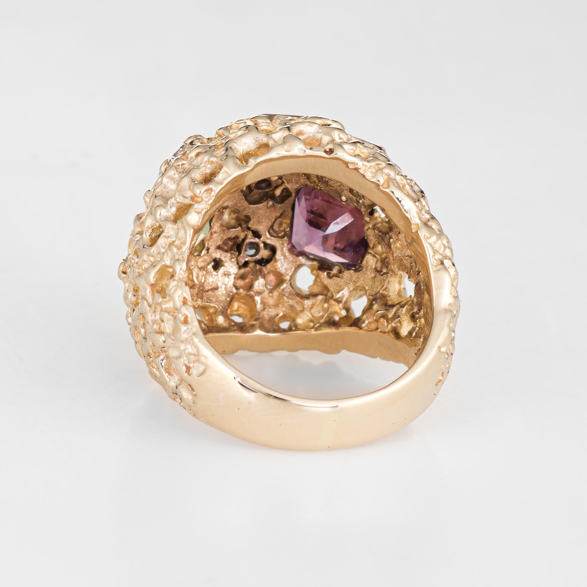 Women's Vintage 1970s Gemstone Dome Ring 14 Karat Gold Bombe Diamond Peridot Tourmaline