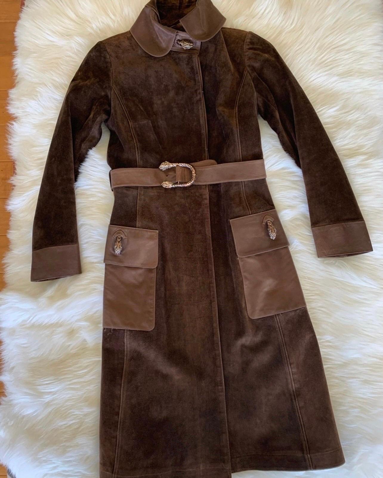 Women's or Men's Vintage 70s Gucci Brown & Suede Tiger Belted Long Trench Coat Jacket
