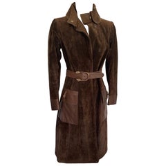 Vintage 70s Gucci Brown & Suede Tiger Belted Long Trench Coat Jacket