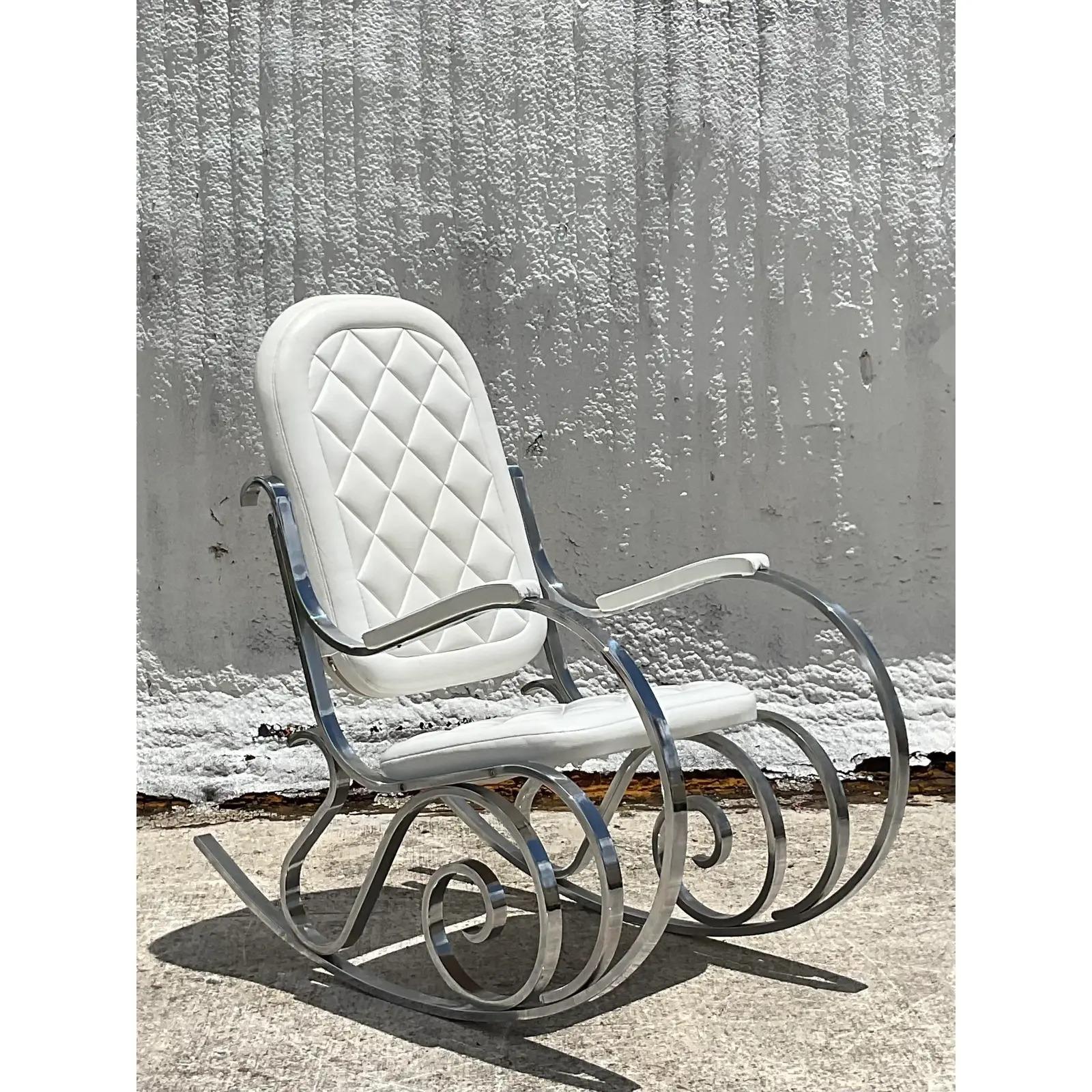 Vintage 70s Hollywood Regency Madison Jansen Chrome Rocking Chair In Good Condition In west palm beach, FL