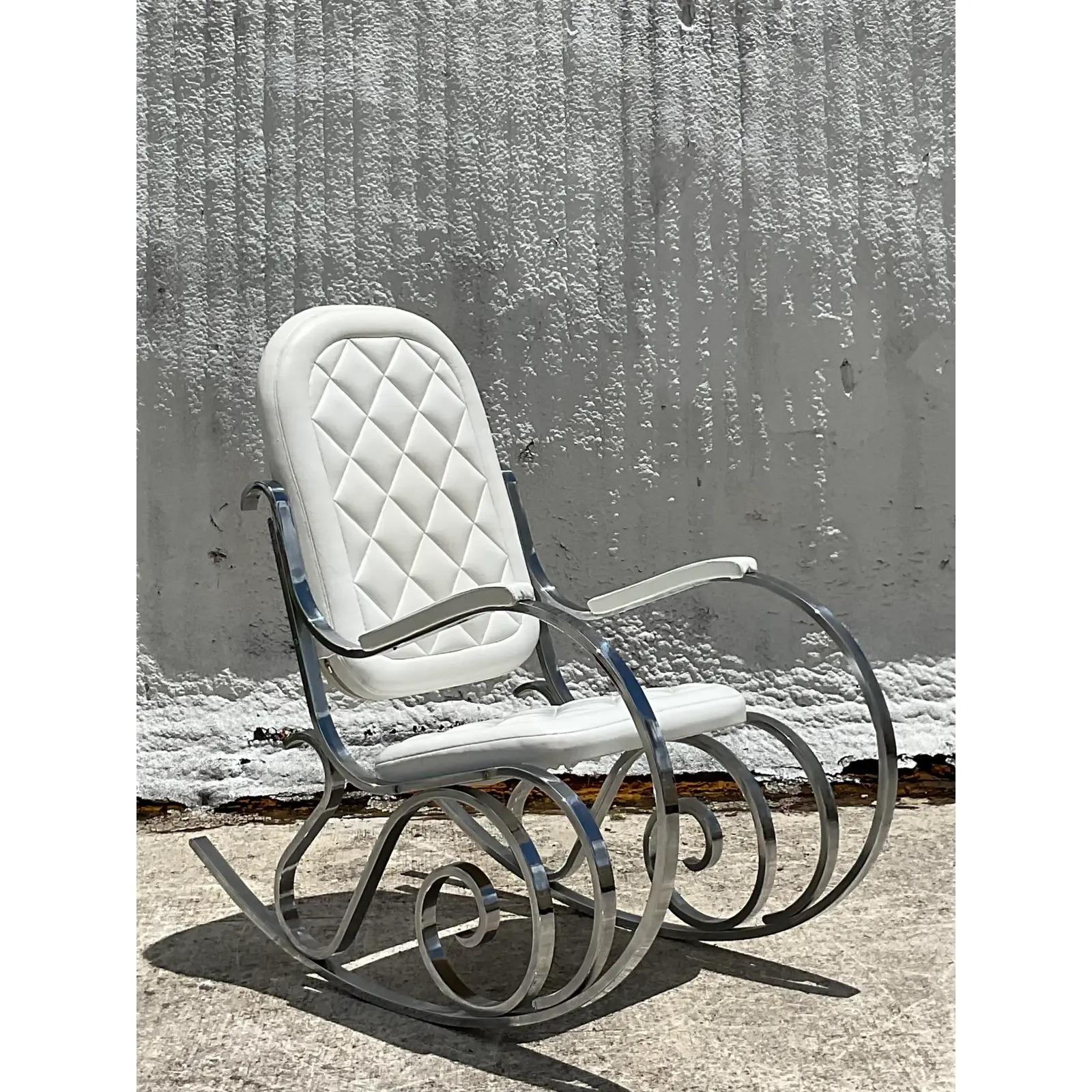 Upholstery Vintage 70s Hollywood Regency Madison Jansen Chrome Rocking Chair