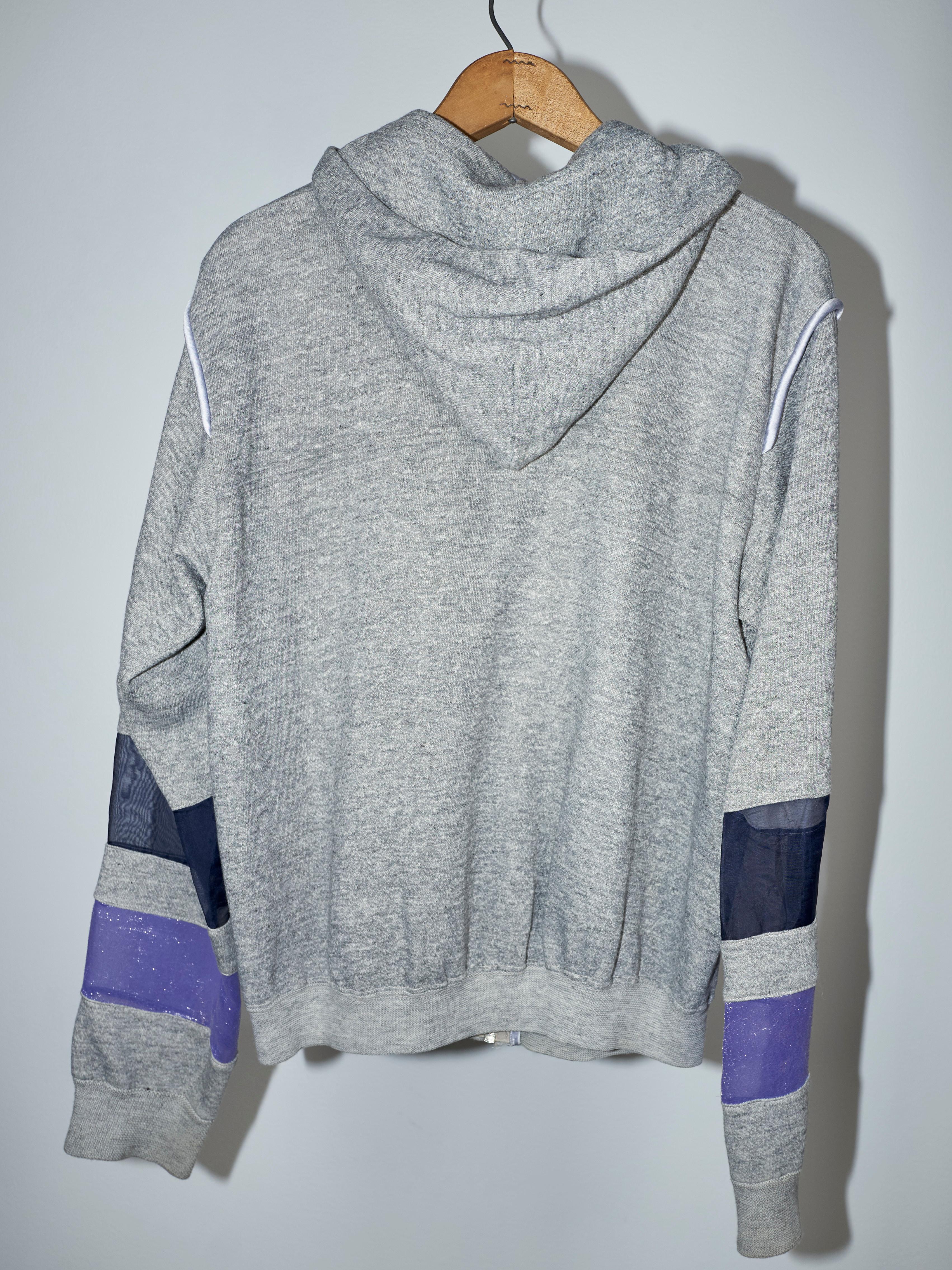 Vintage 70's Hoodie Jacket Grey Organza Patchwork Lilac Blue Silk Details 4