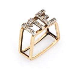 Vintage 70s Initial ME Ring Diamond 14k Yellow Gold Square Band Sz 5 Letters