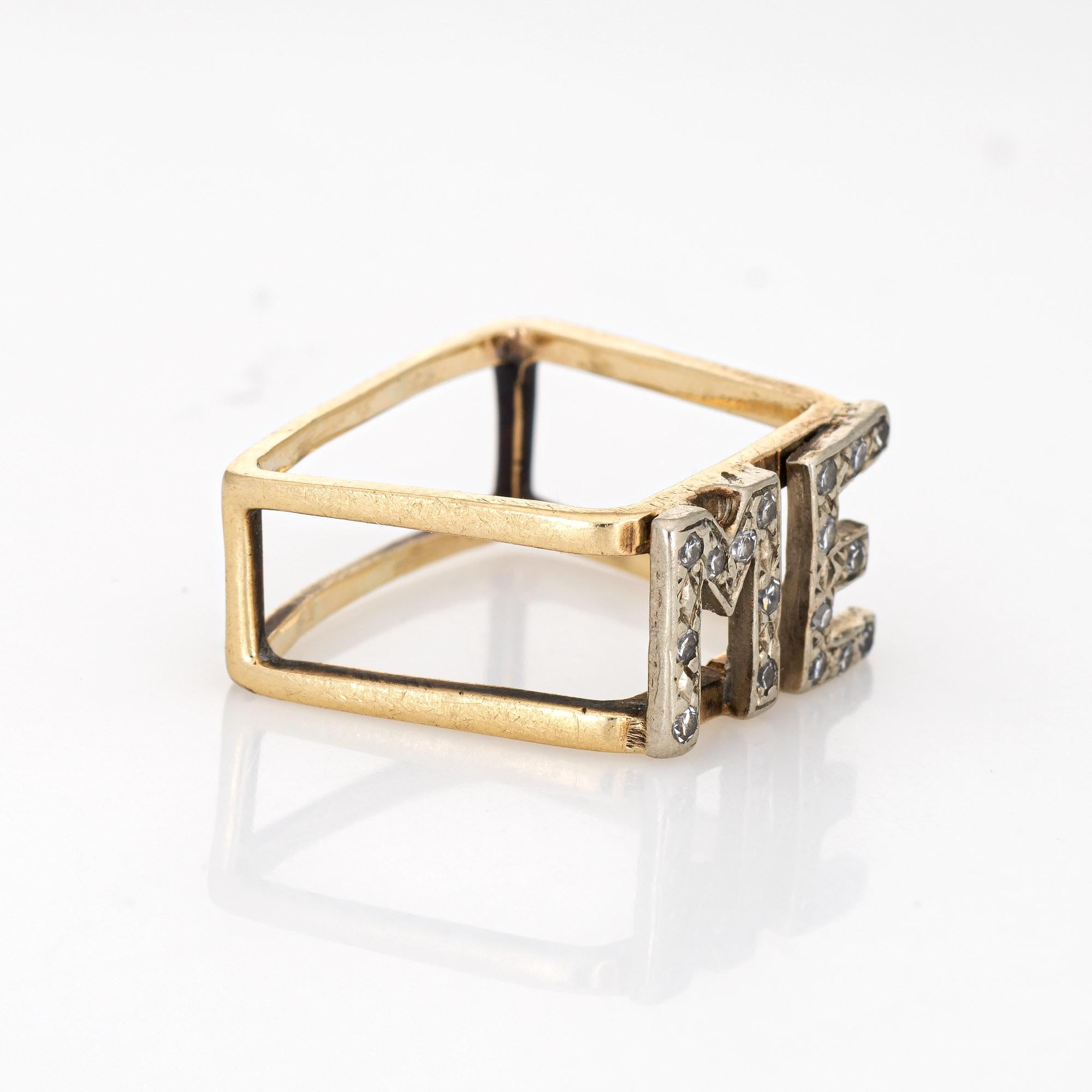 Round Cut Vintage 70s Initial ME Ring Diamond 14k Yellow Gold Square Band Sz 5 Letters