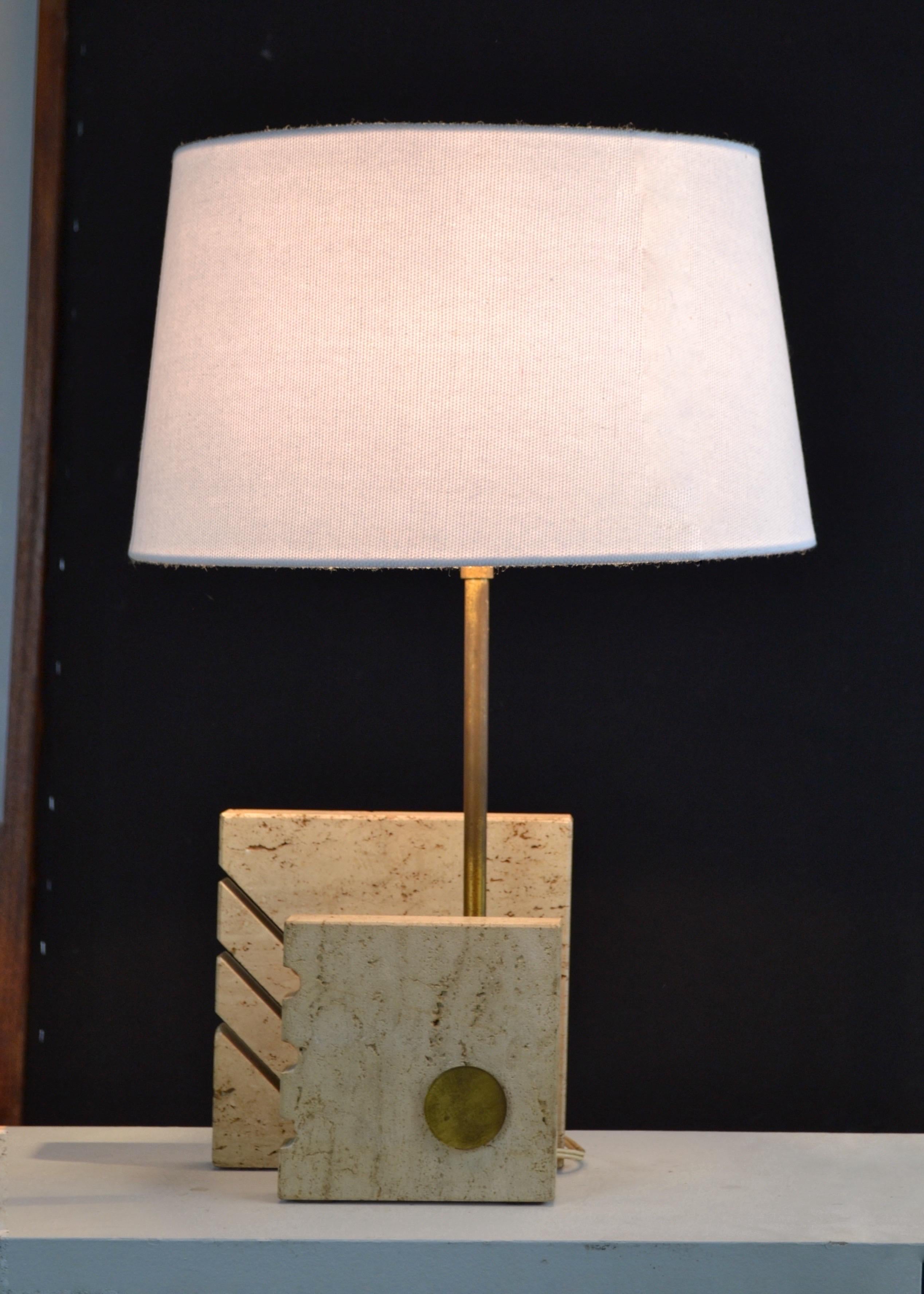 Vintage 70s Italian Lamp in Travertine, Brass & Smoked Glass 5