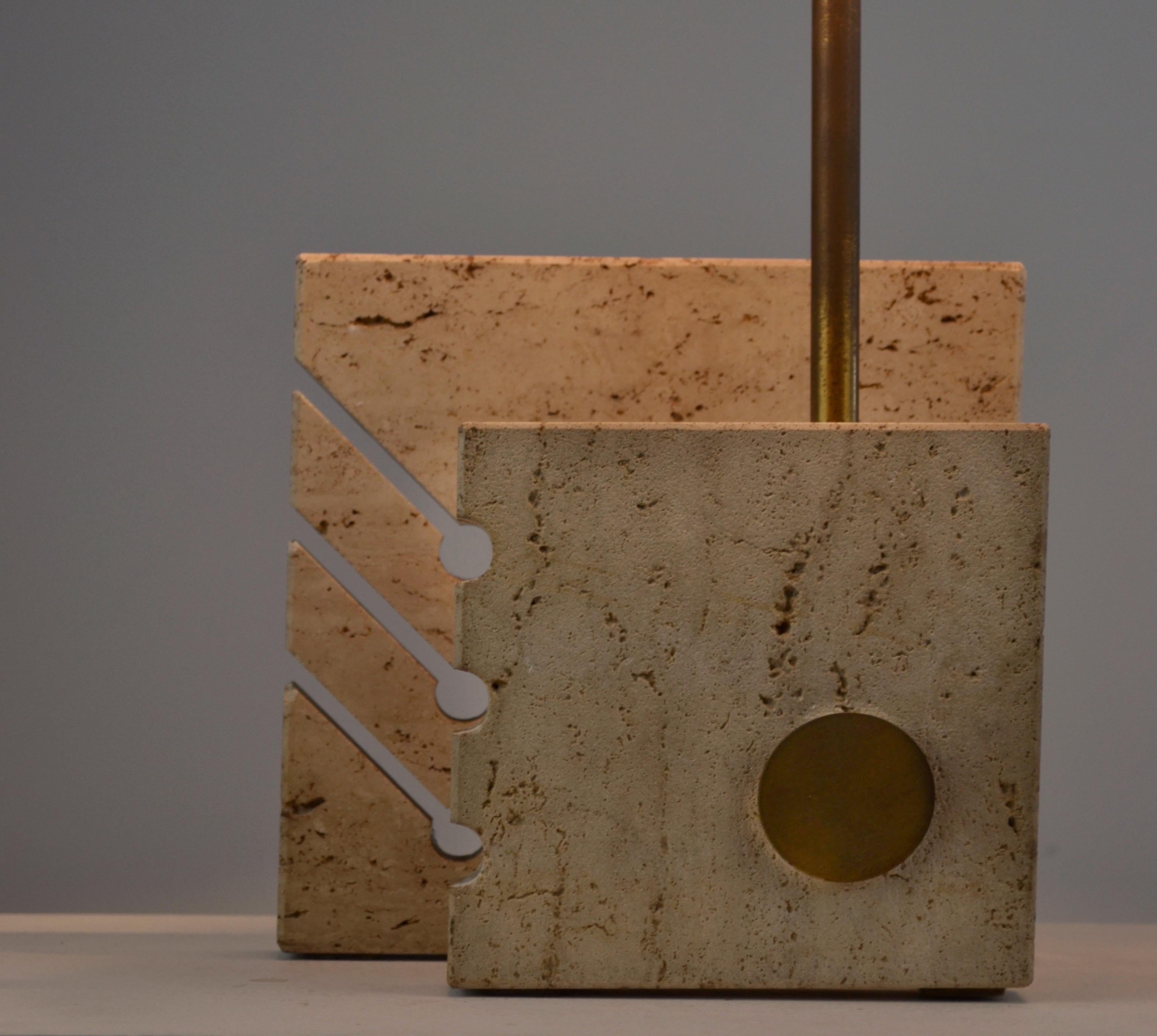 Vintage 70s Italian Lamp in Travertine, Brass & Smoked Glass 6