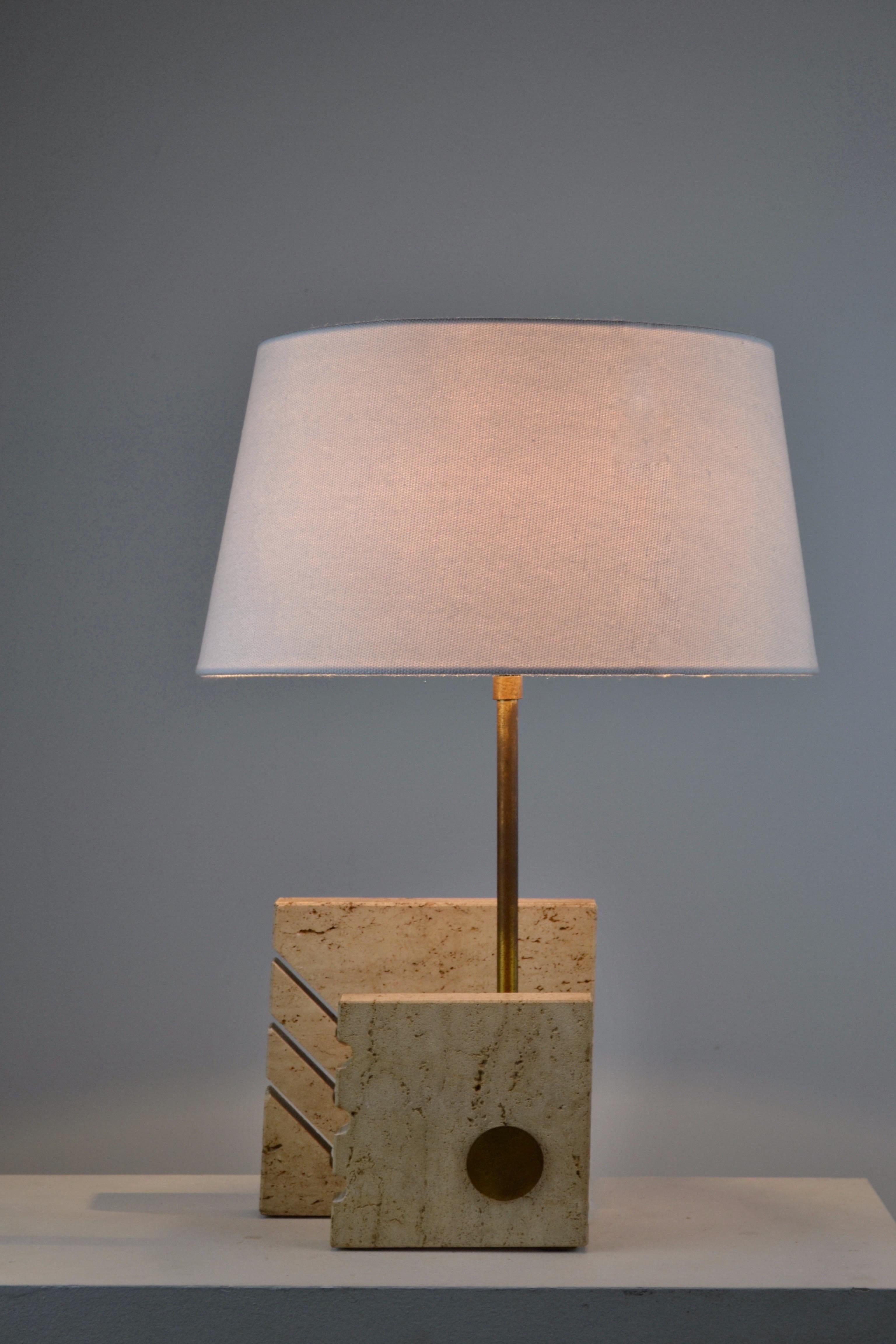 Vintage 70s Italian Lamp in Travertine, Brass & Smoked Glass 7
