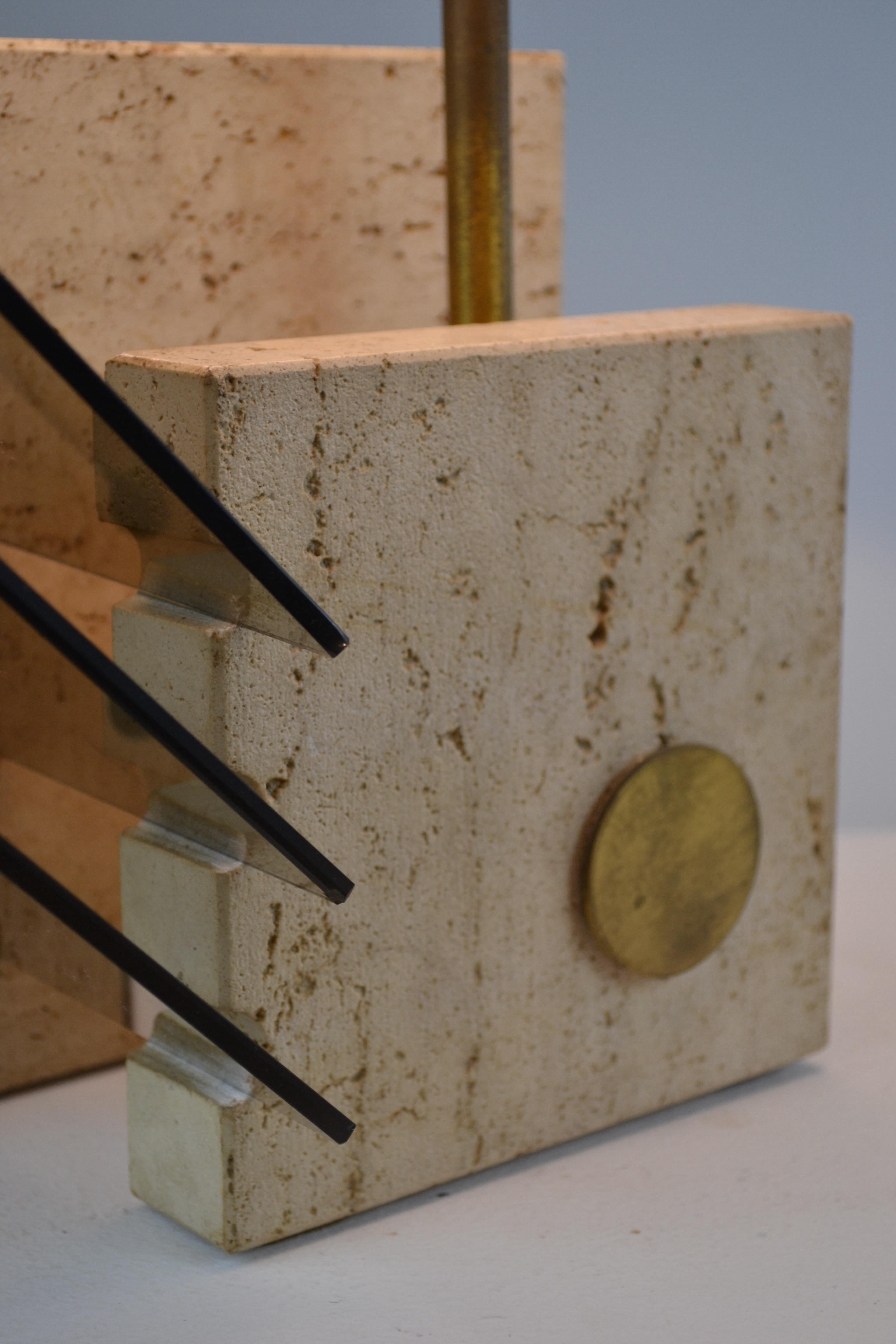 Vintage 70s Italian Lamp in Travertine, Brass & Smoked Glass 8