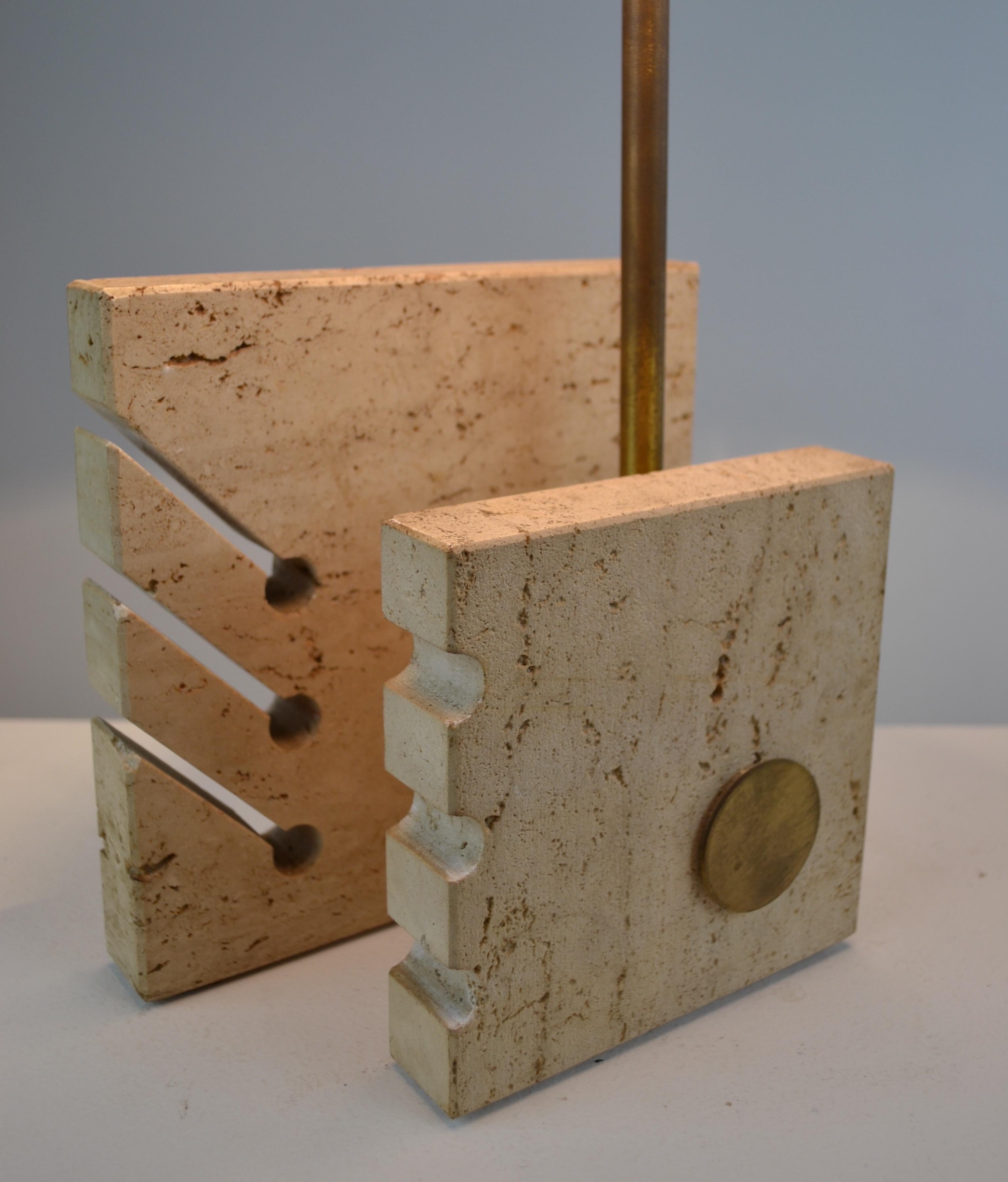 Mid-Century Modern Vintage 70s Italian Lamp in Travertine, Brass & Smoked Glass
