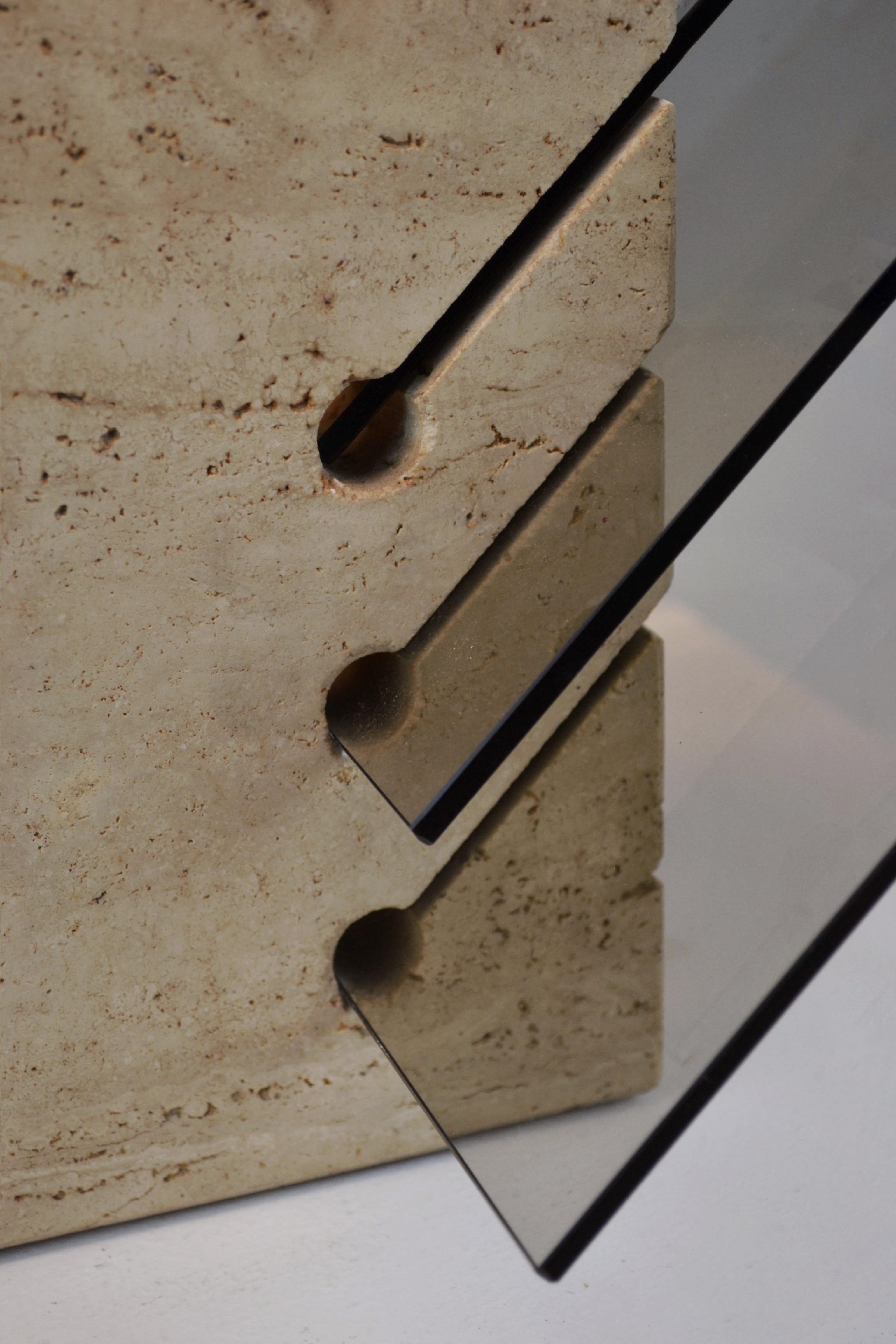 Late 20th Century Vintage 70s Italian Lamp in Travertine, Brass & Smoked Glass